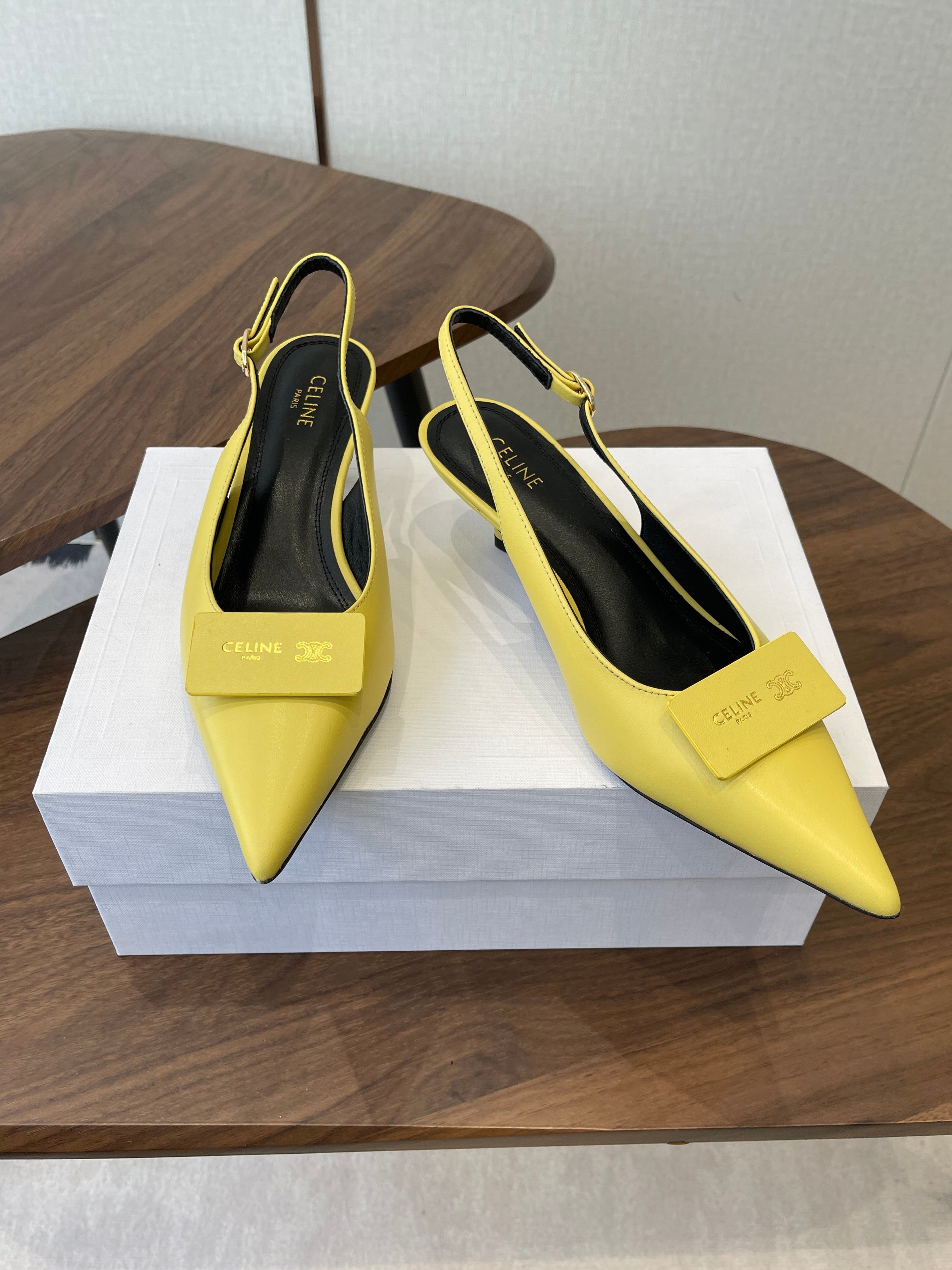 Celine 26  Pointed-Toe Slingback Yellow Sheepskin 624684