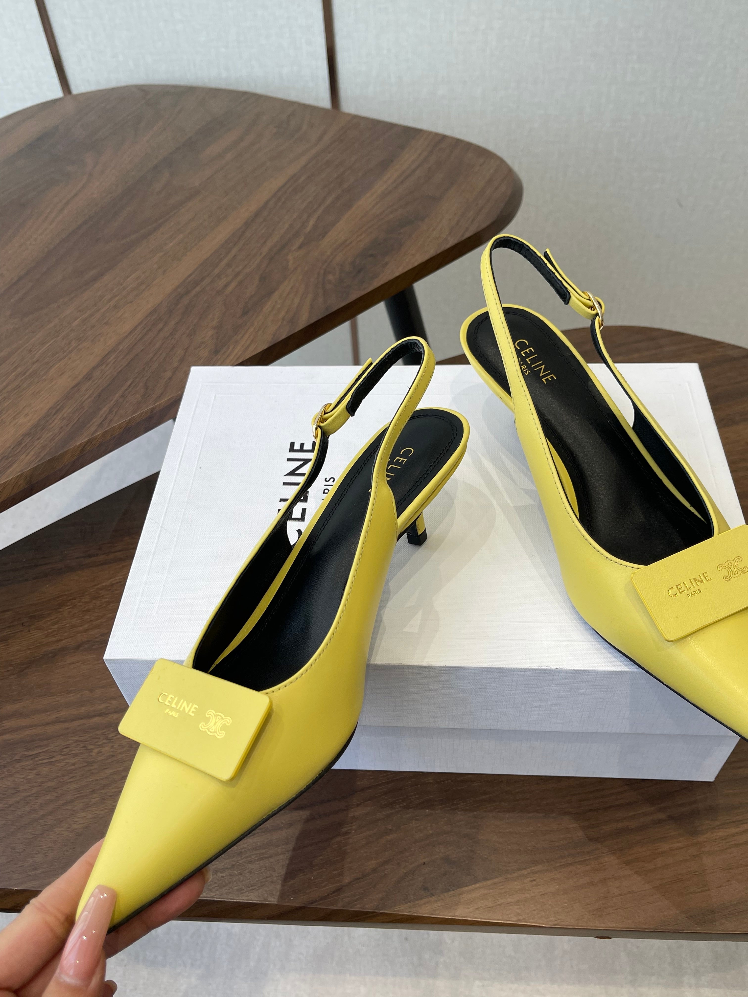 Celine 26  Pointed-Toe Slingback Yellow Sheepskin 624684