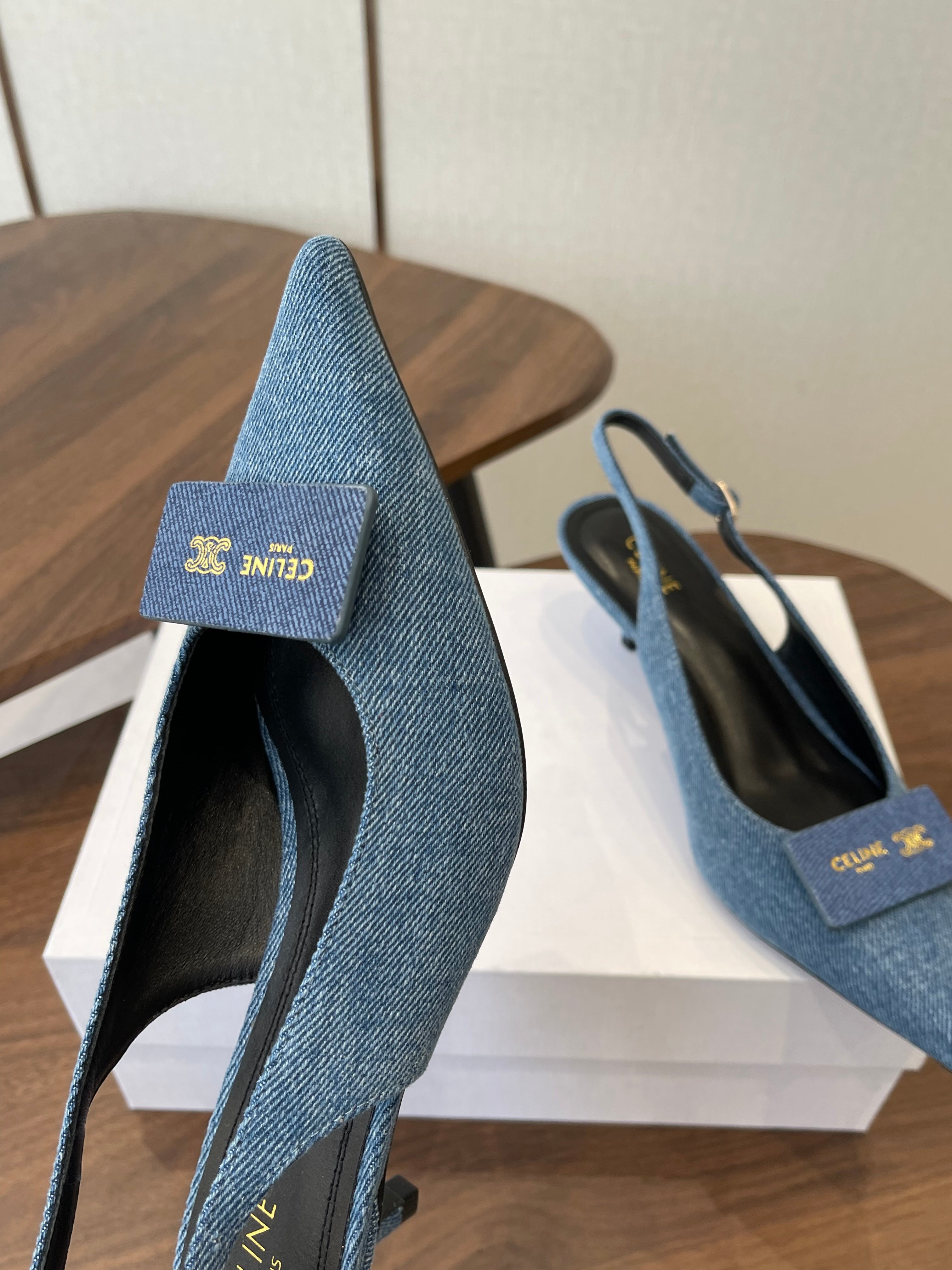 Celine 26  Pointed-Toe Slingback Blue Denim 624685