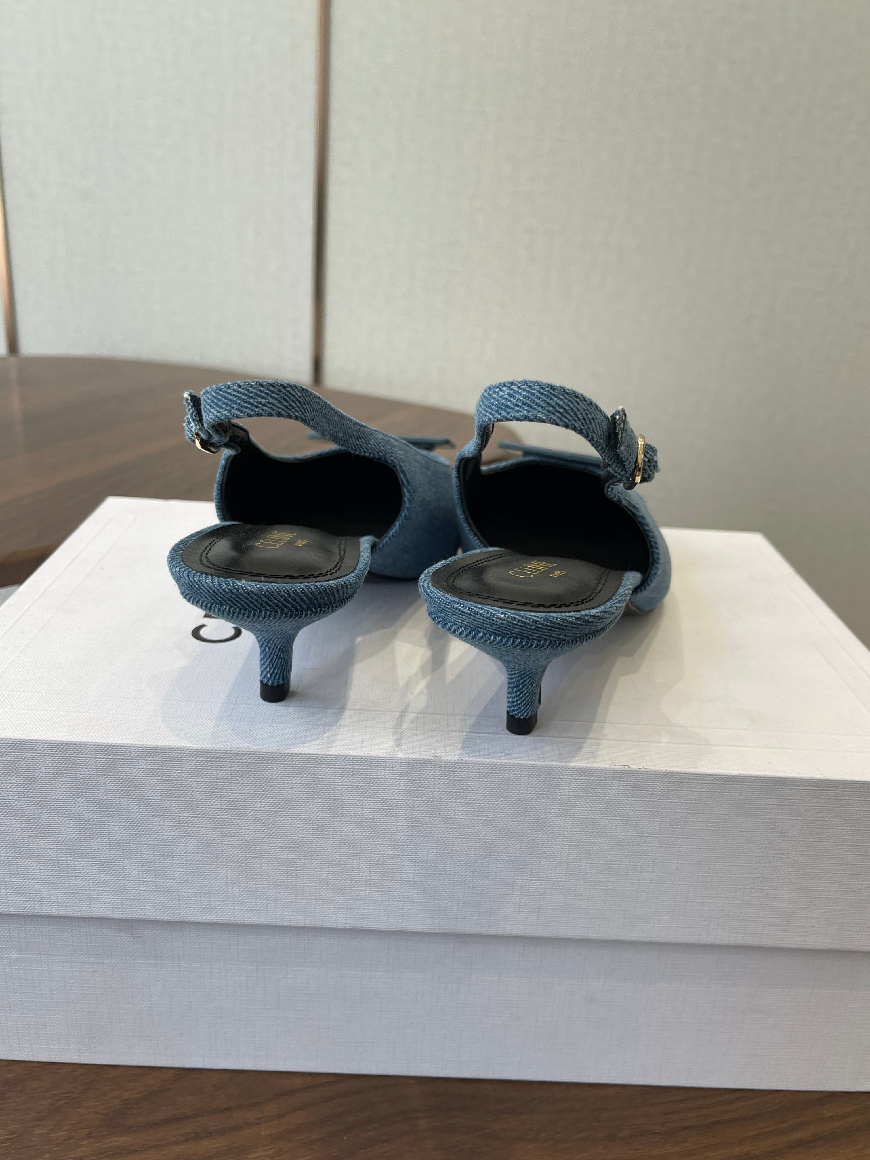 Celine 26  Pointed-Toe Slingback Blue Denim 624685