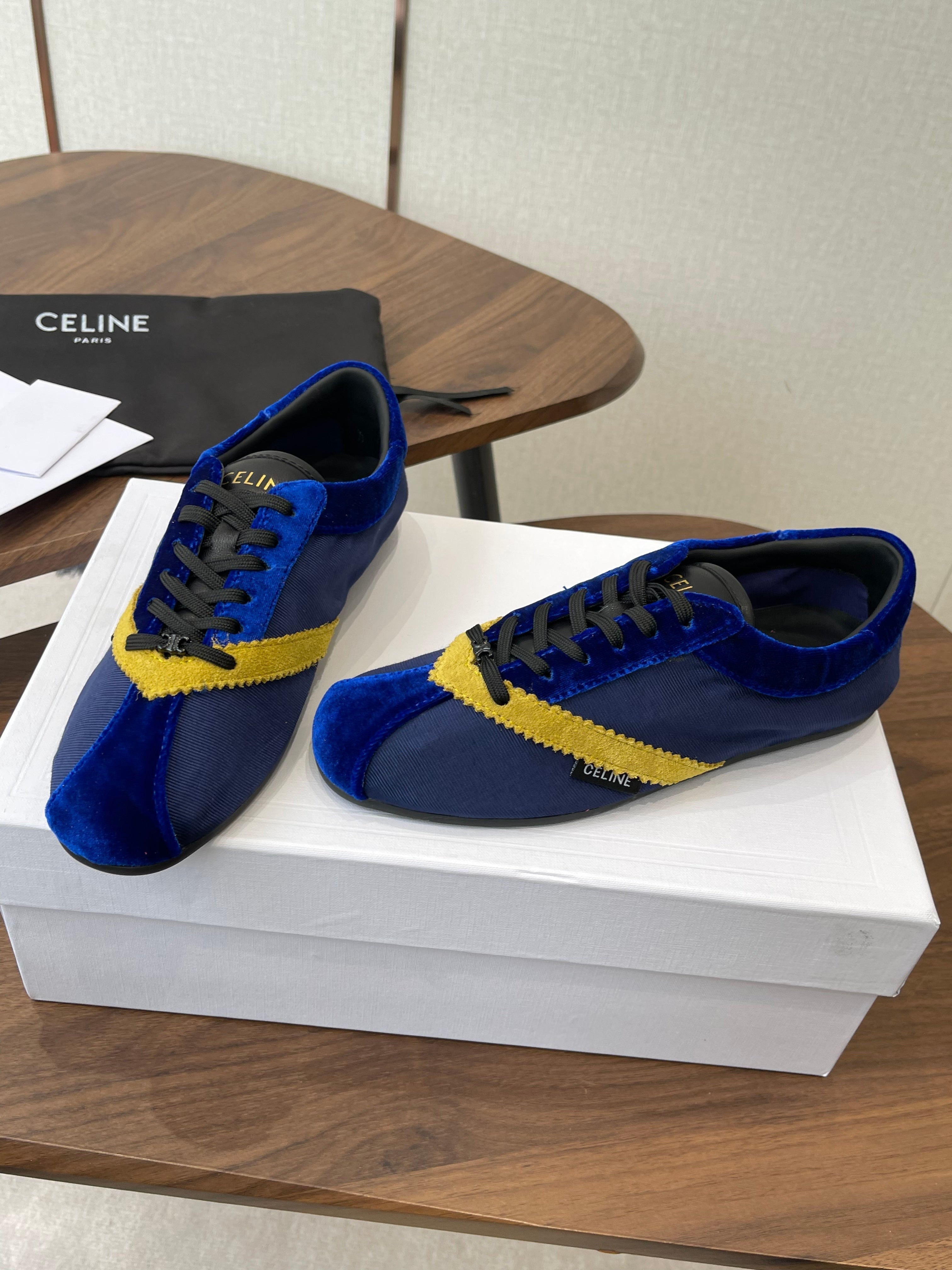 Celine 26 Flat Sneaker Dark Blue Yellow Canvas Suede 624713