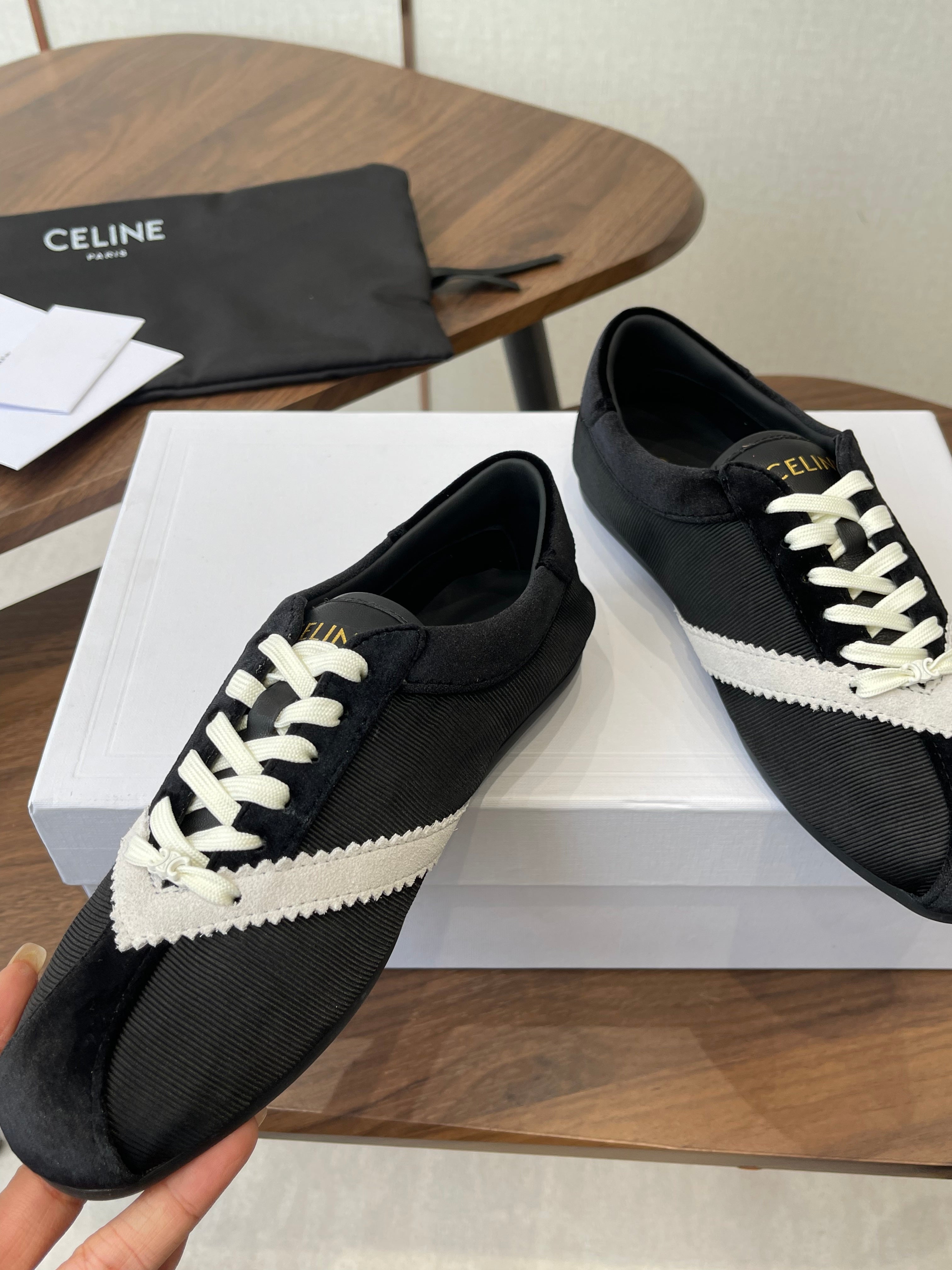 Celine 26 Flat Sneaker Black White Canvas Suede 624714