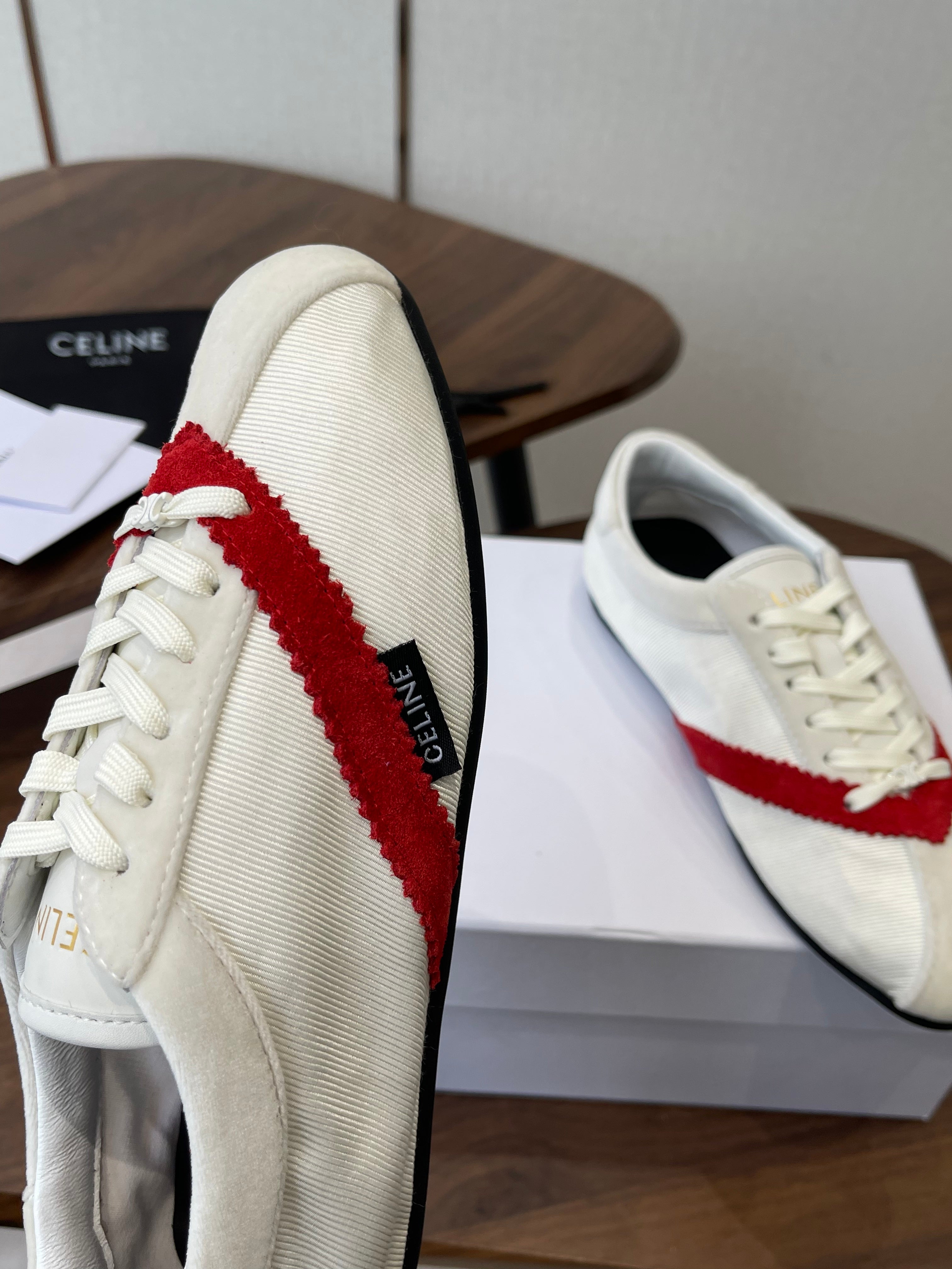 Celine 26 Flat Sneaker White Red Canvas Suede 624716