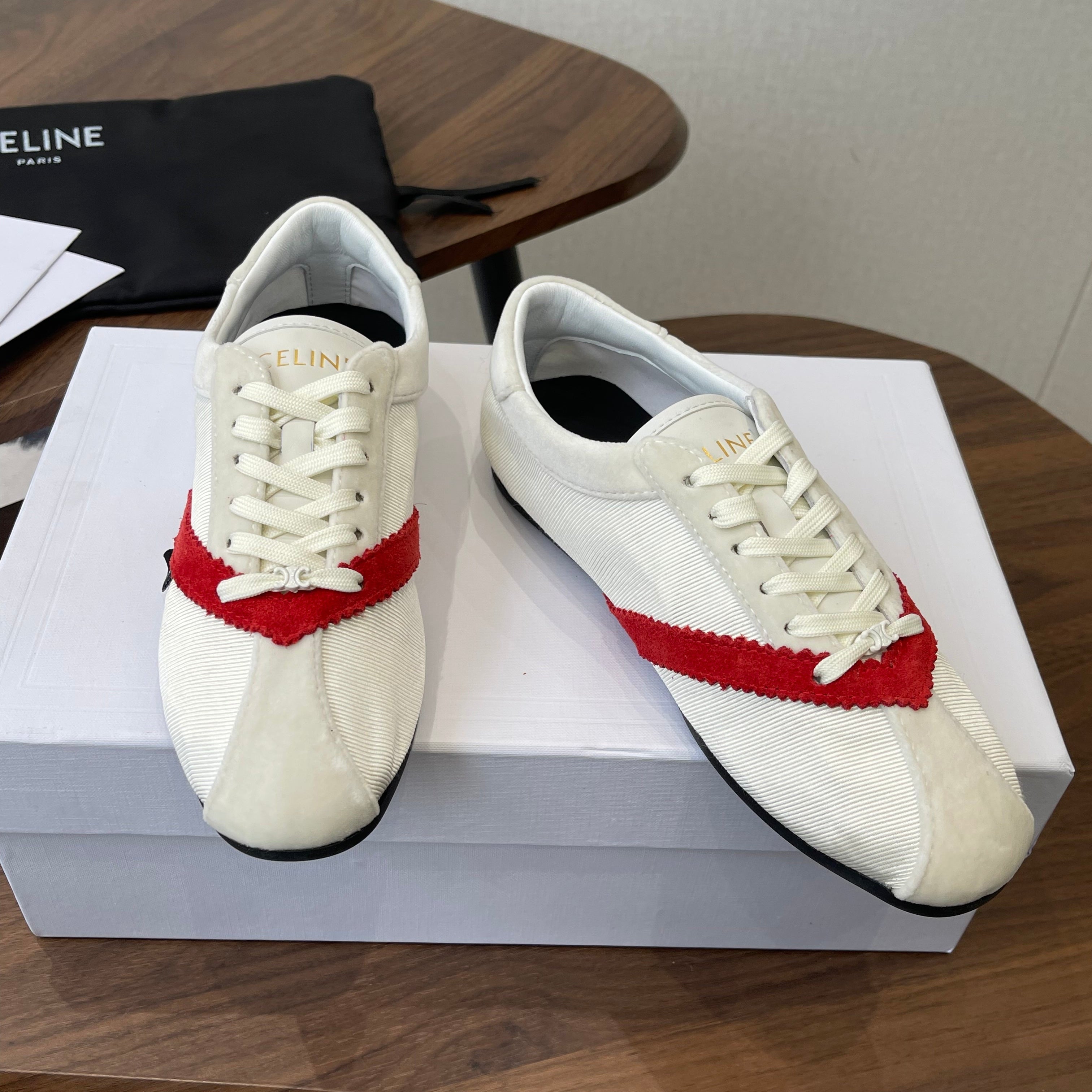 Celine 26 Flat Sneaker White Red Canvas Suede 624716