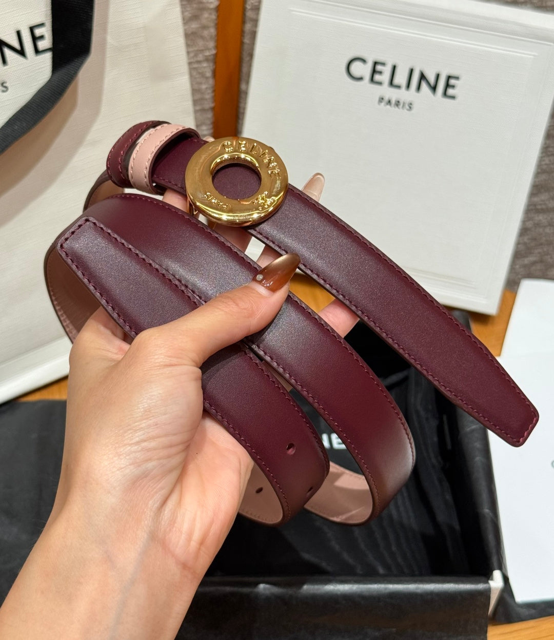 Celine 2026 Disc Buckle & Reversible Strap Belt 2.5cm Burgundy Leather