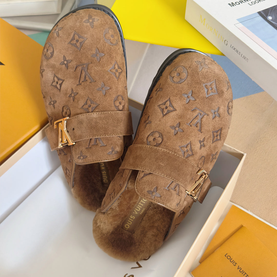 LV 25 Birkenstock Platform Slippers Brown Suede Wool 576215