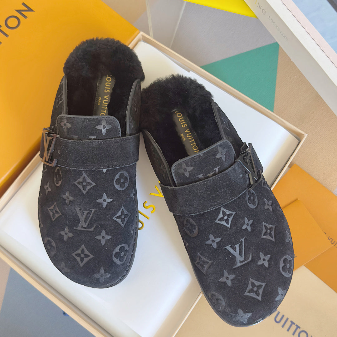 LV 25 Birkenstock Platform Slippers Navy Blue Suede Wool 576217