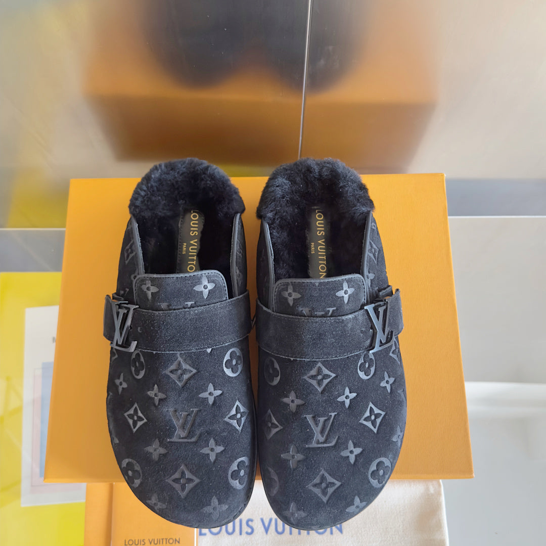 LV 25 Birkenstock Platform Slippers Navy Blue Suede Wool 576217