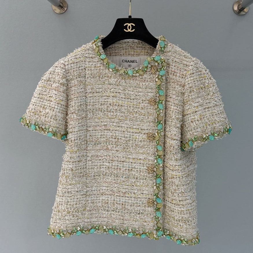 Chanel 2026 Side-button Short-sleeved Jacket Beige Green Polyamide Cotton