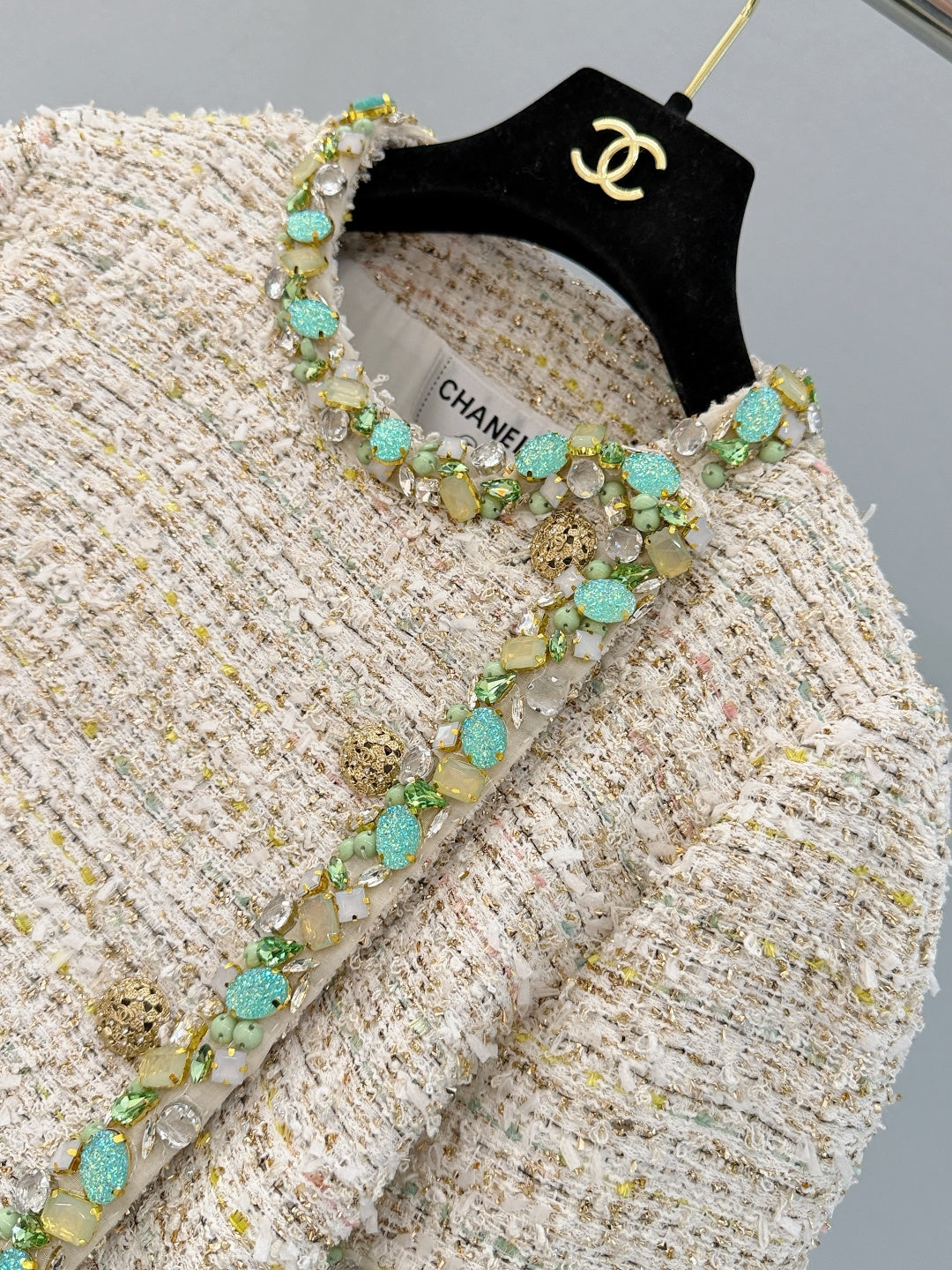 Chanel 2026 Side-button Short-sleeved Jacket Beige Green Polyamide Cotton