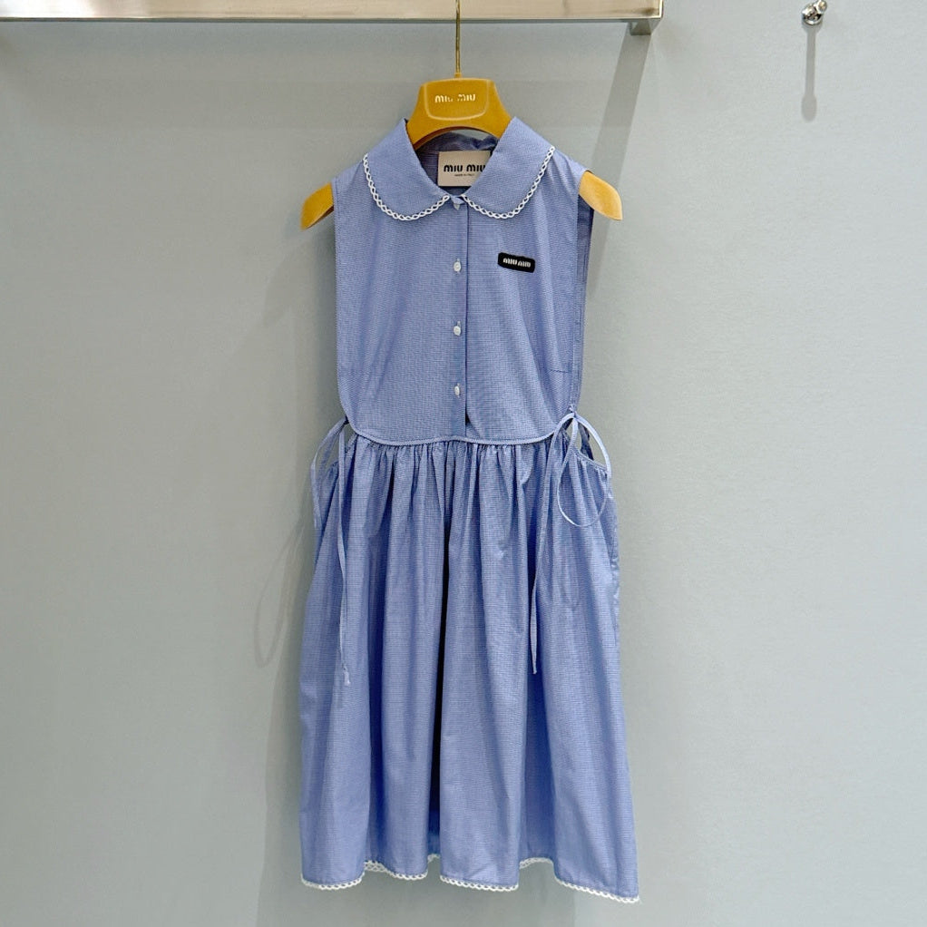 Miu Miu 2026 Plaid Sleeveless Dress Blue Cotton