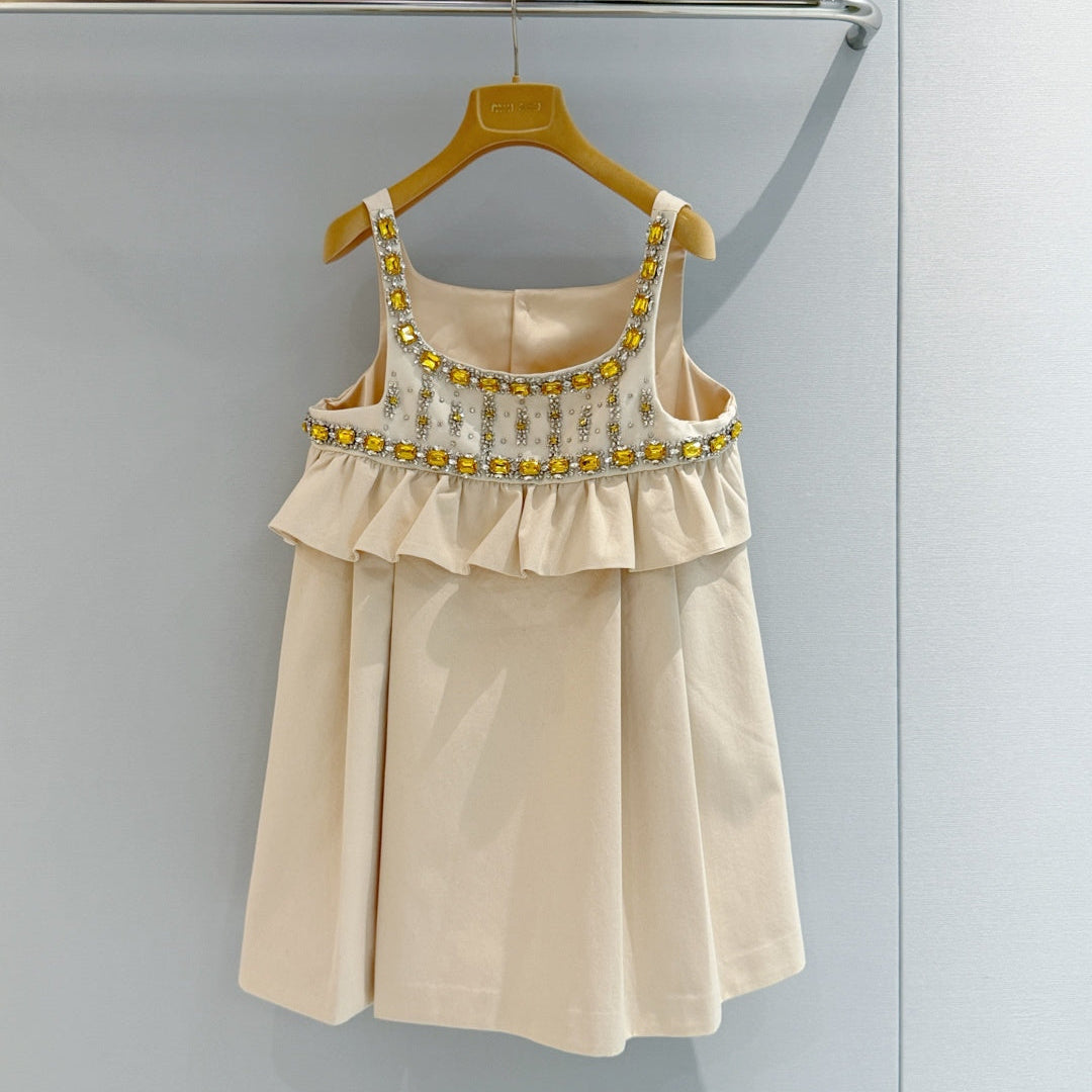 Miumiu 2026 Diamond-Embellished Dress Beige Cotton 444928