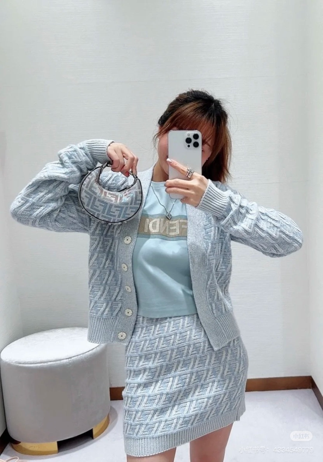 Fendi 2025 V-neck Cardigan Ligth Blue Wool