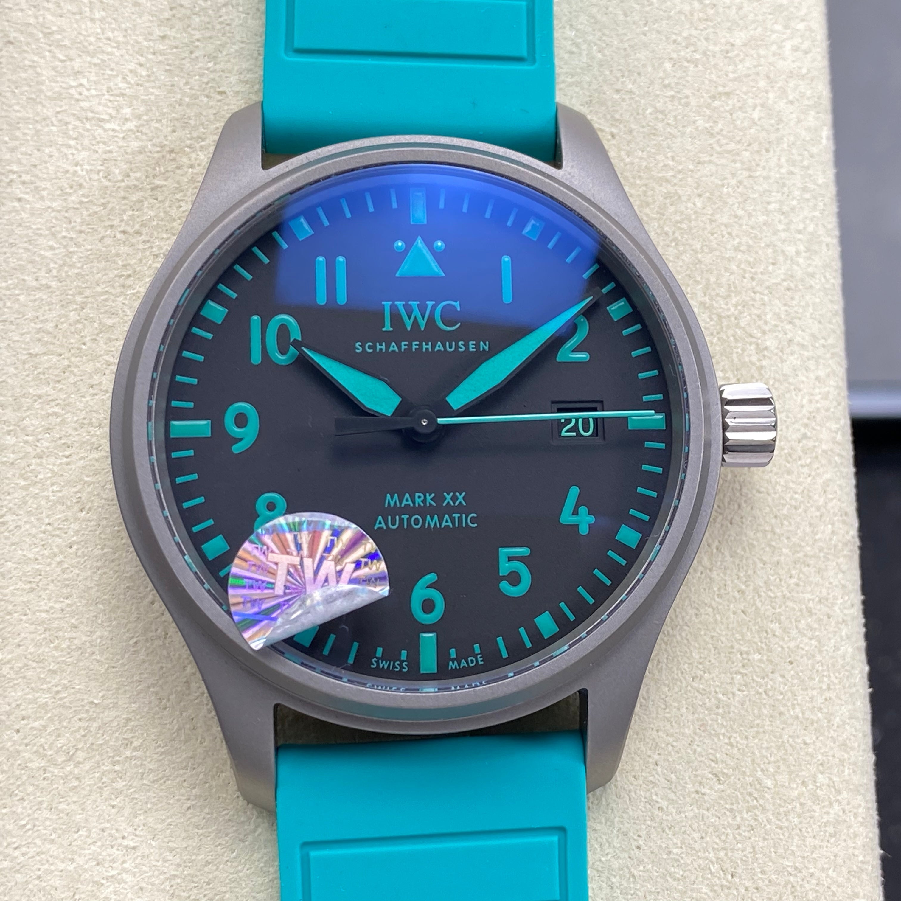 IWC Pilot 40mm Black Dial Gray Case Turquoise Rubber Strap