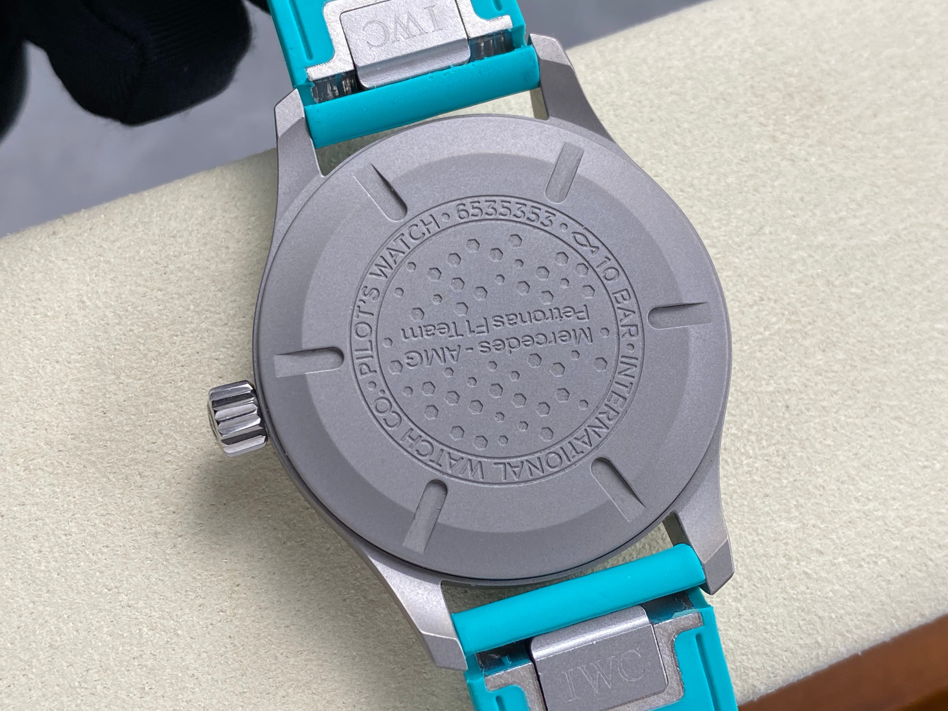 IWC Pilot 40mm Black Dial Gray Case Turquoise Rubber Strap