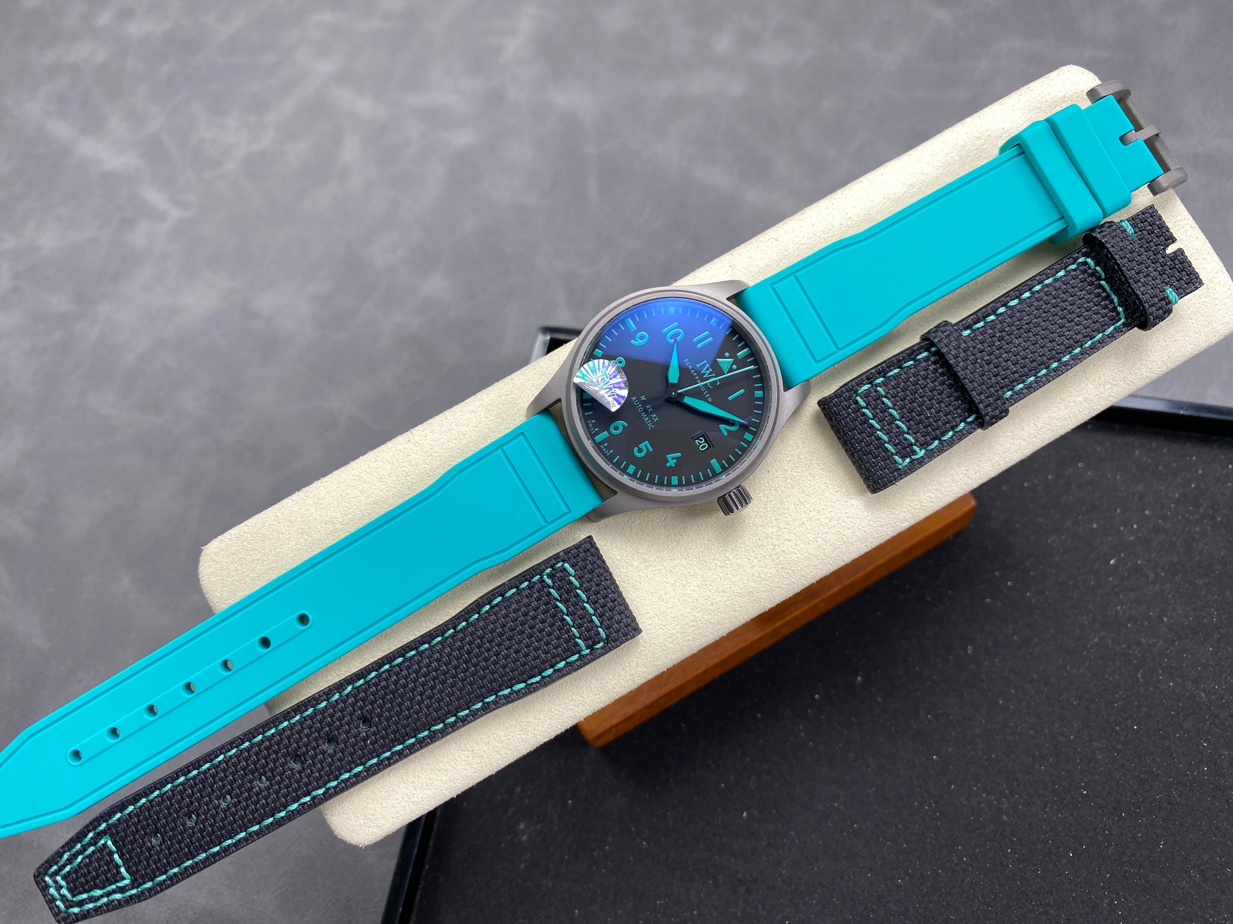 IWC Pilot 40mm Black Dial Gray Case Turquoise Rubber Strap