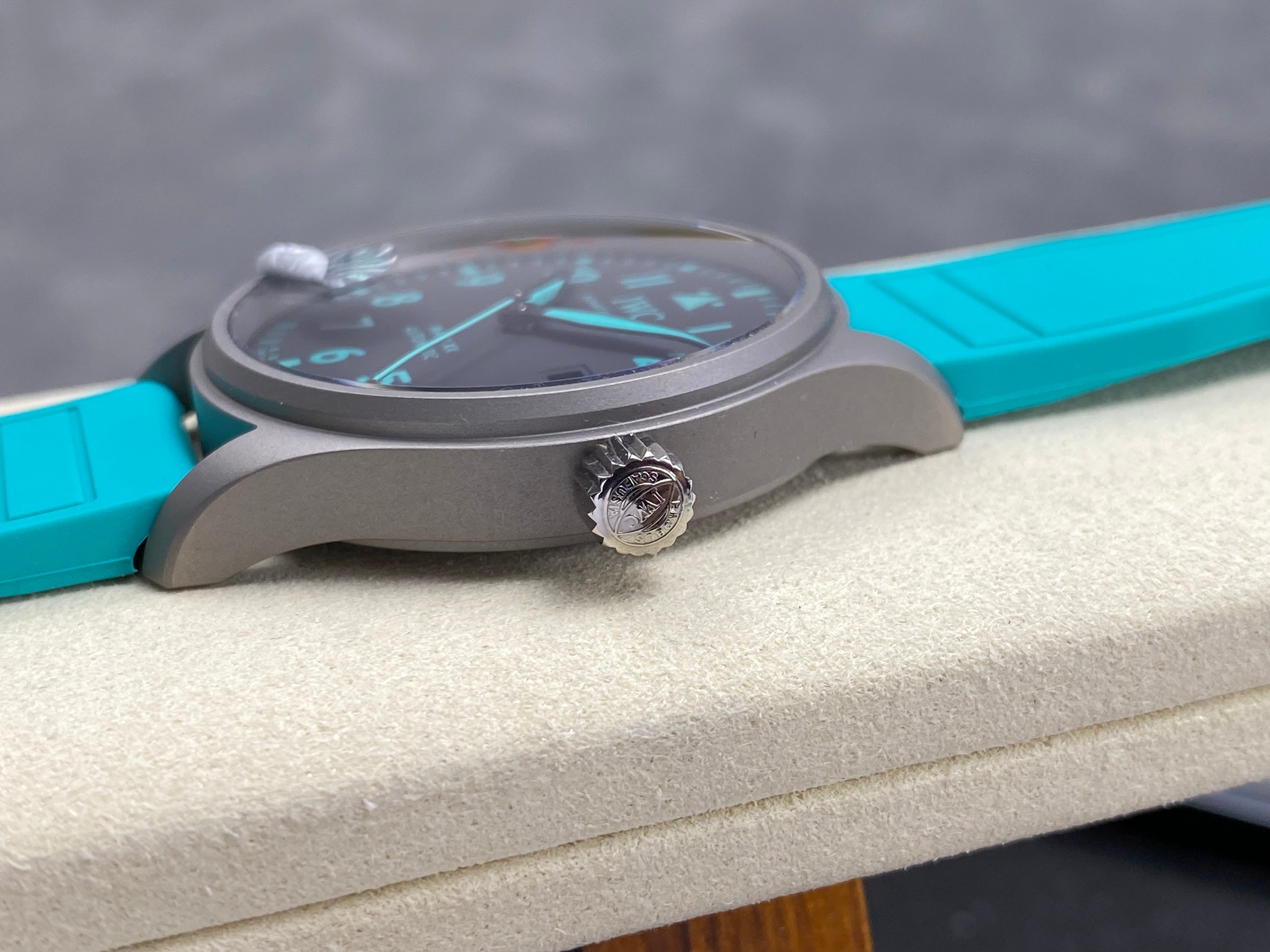 IWC Pilot 40mm Black Dial Gray Case Turquoise Rubber Strap