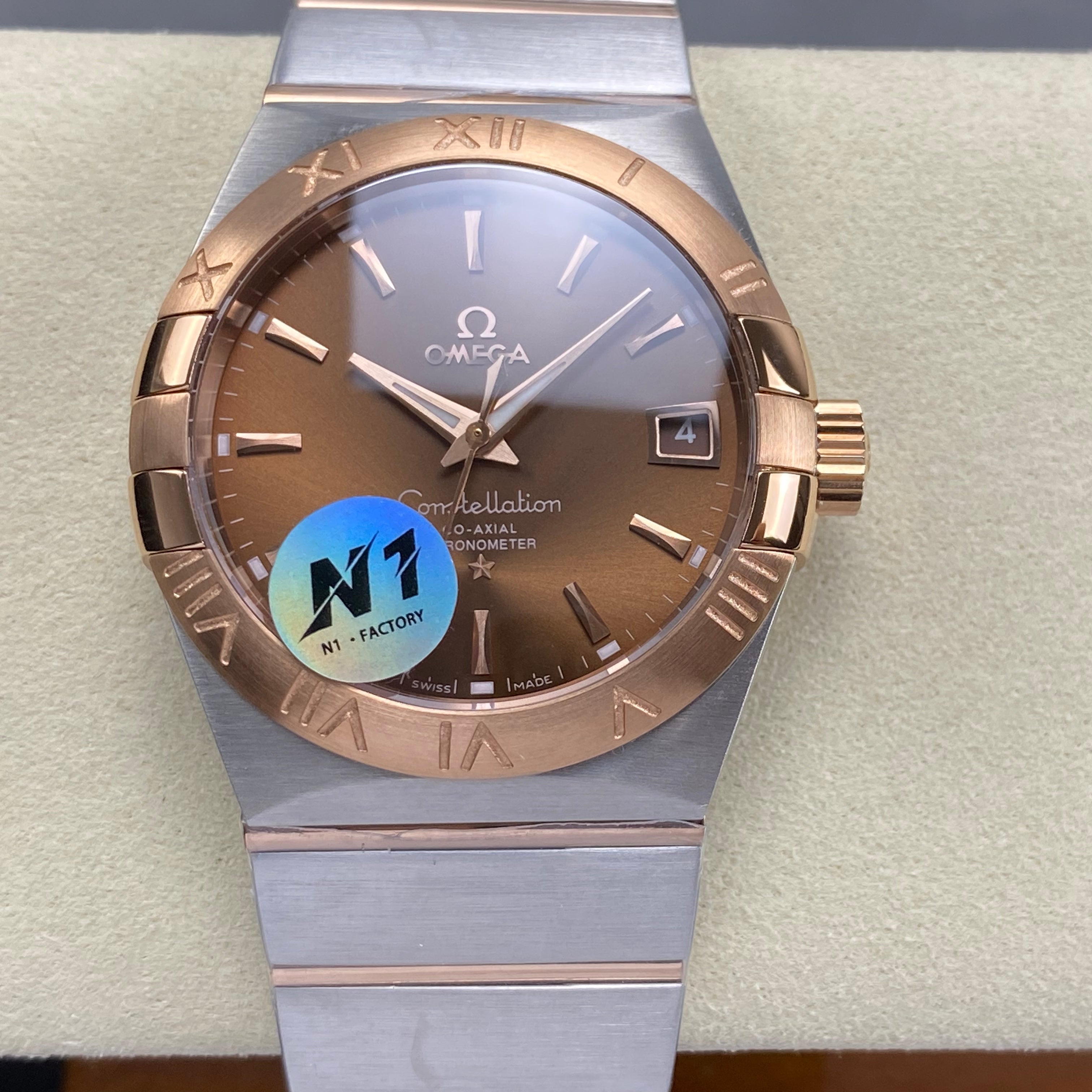Omega Constellation Co-Axial Chronometer 38mm Pink Gold Steel Case Brown Dial