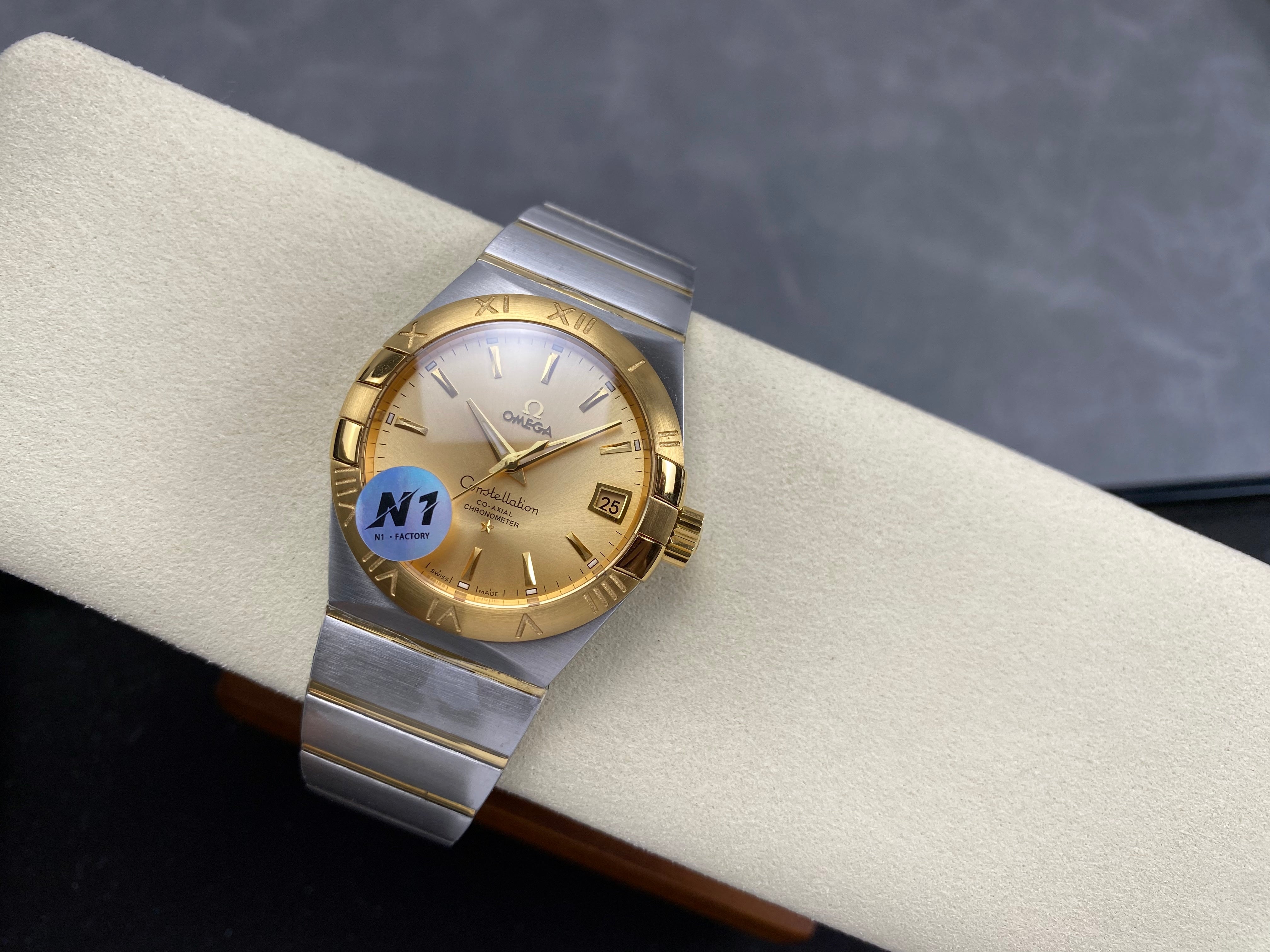 Omega Constellation Co-Axial Chronometer 38mm Gold Steel Case Yellow Dial