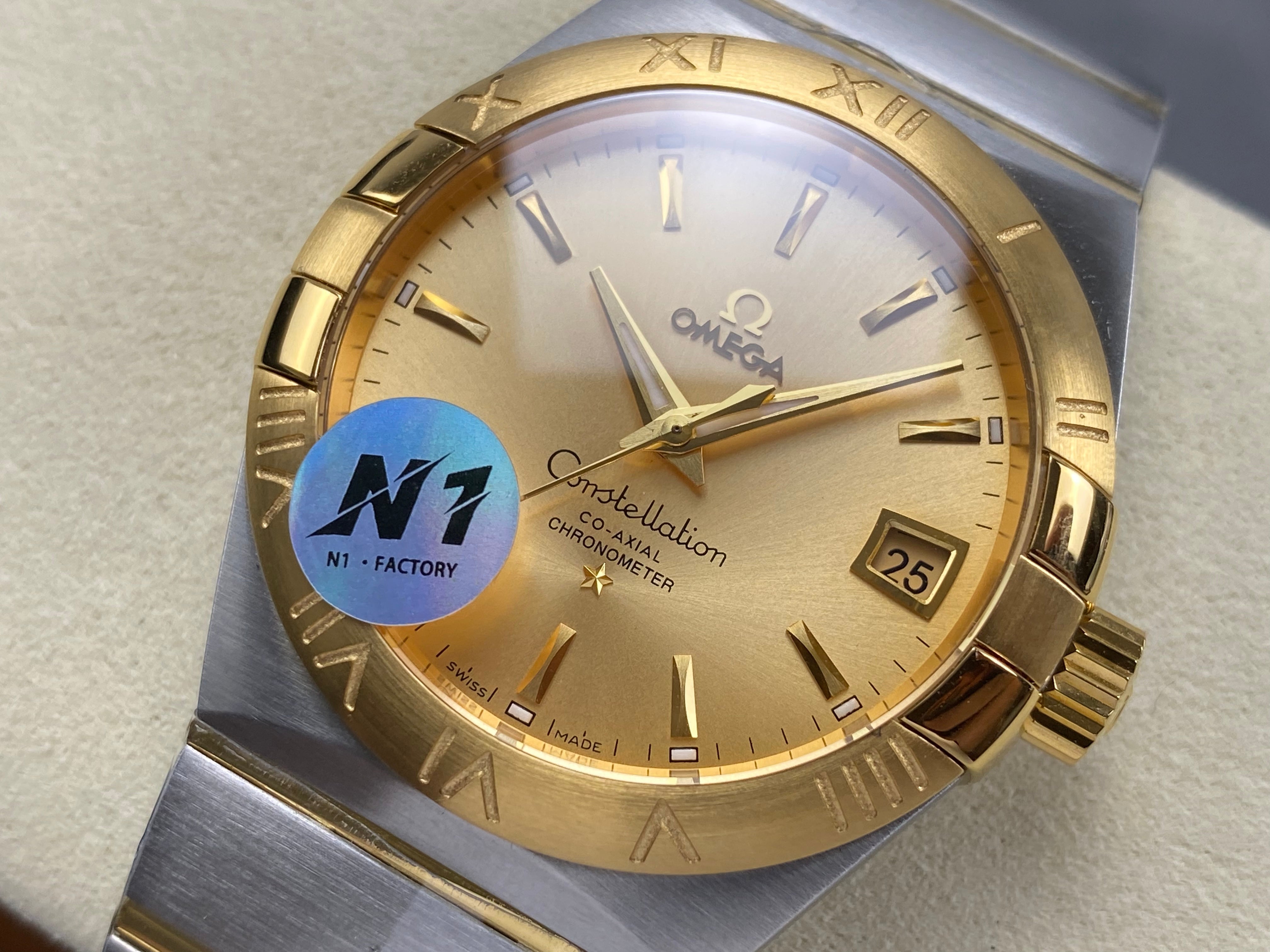 Omega Constellation Co-Axial Chronometer 38mm Gold Steel Case Yellow Dial