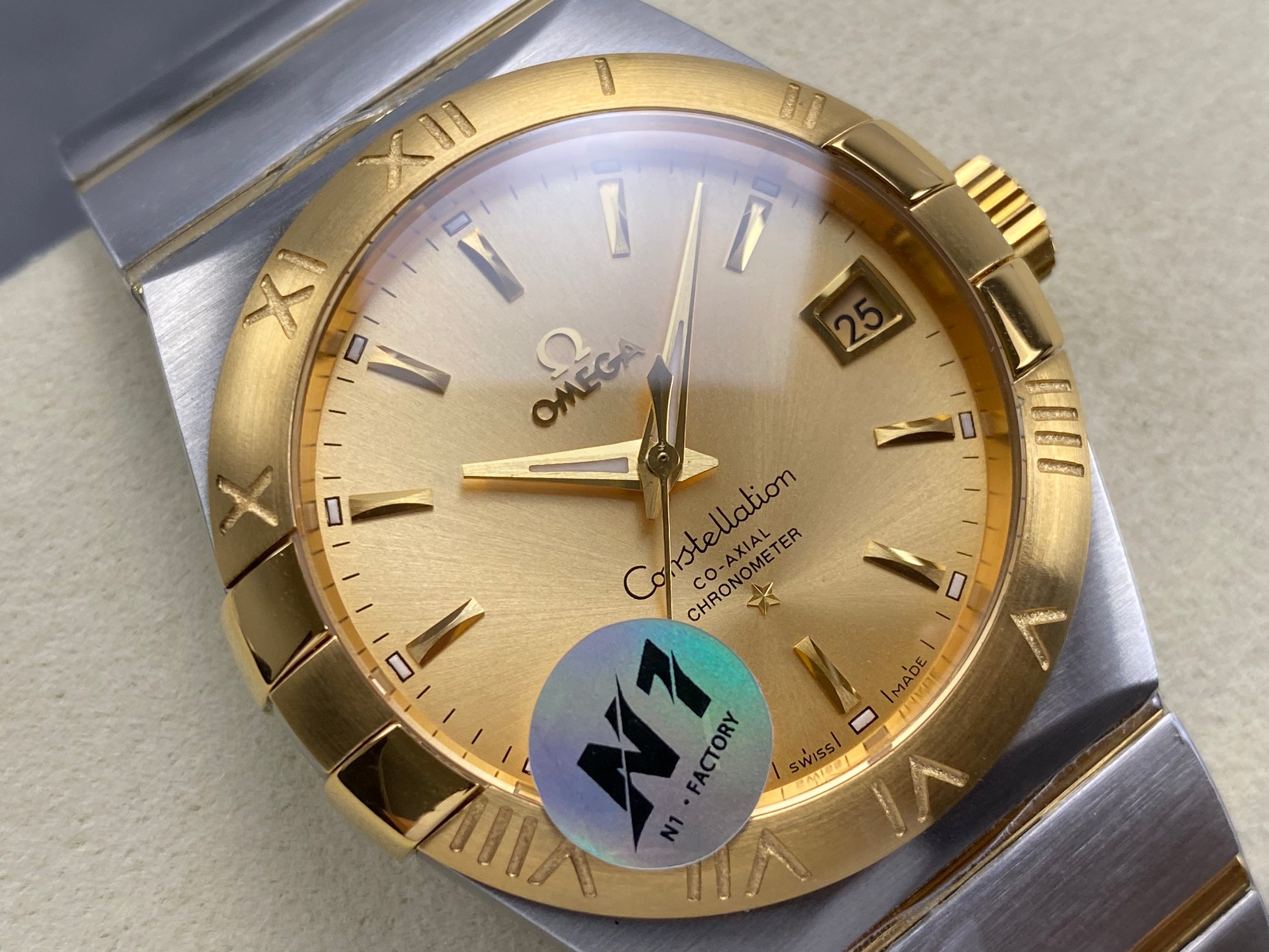 Omega Constellation Co-Axial Chronometer 38mm Gold Steel Case Yellow Dial