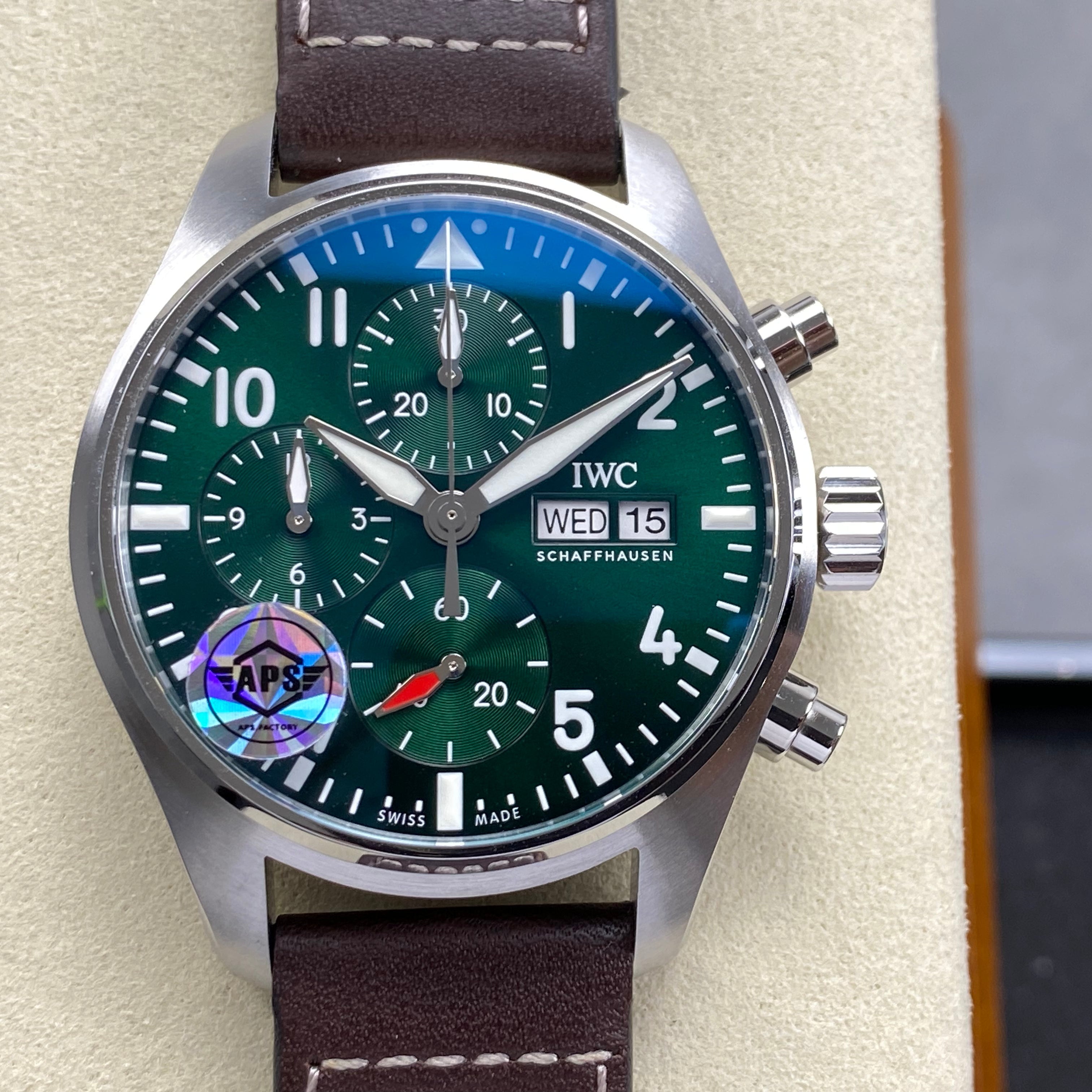 IWC Schaffhausen Pilot's 41mm Green Dial Brown Leather Strap