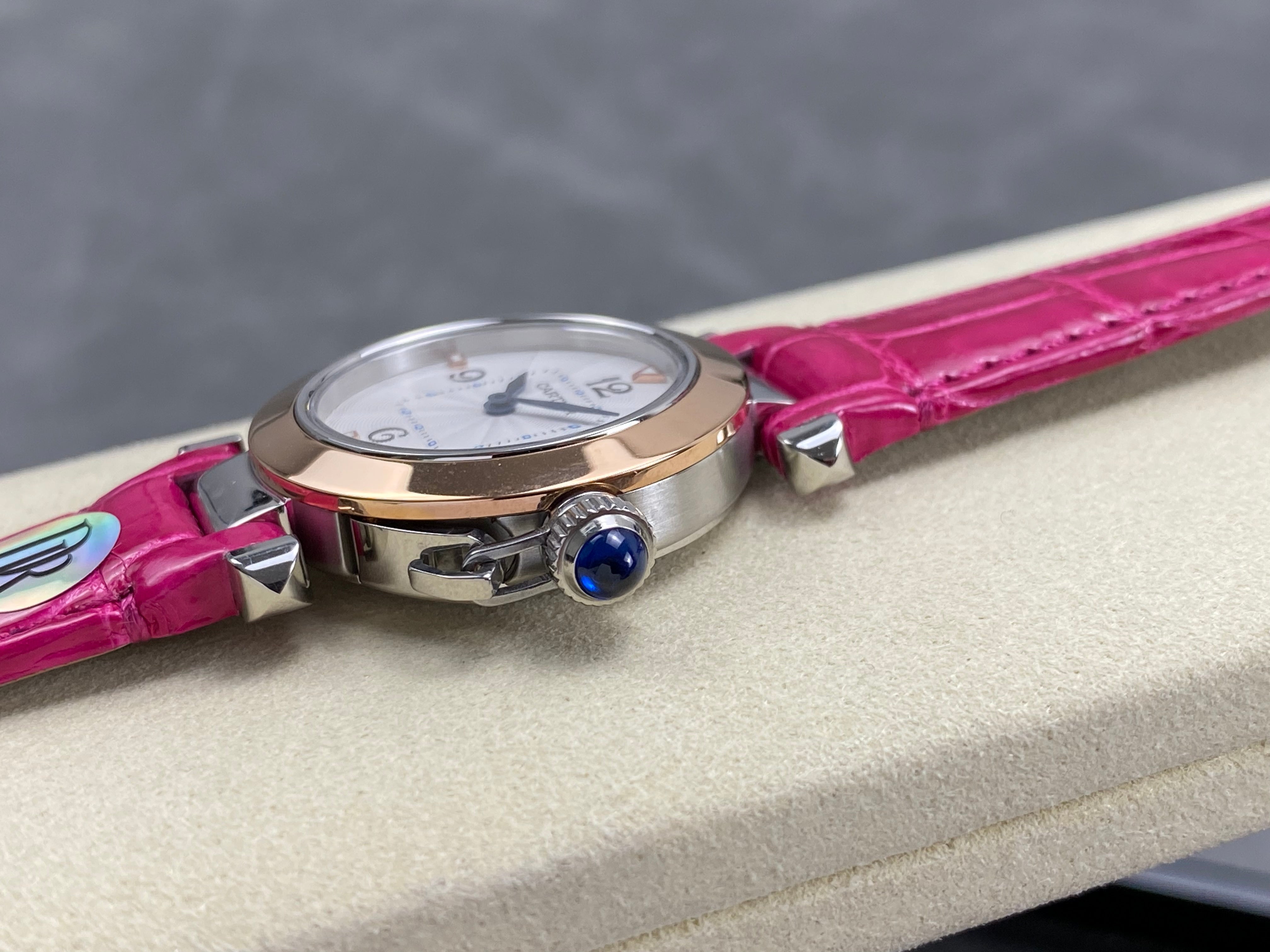 Cartier Pasha 30mm White Dial Pink Gold Case Leather
