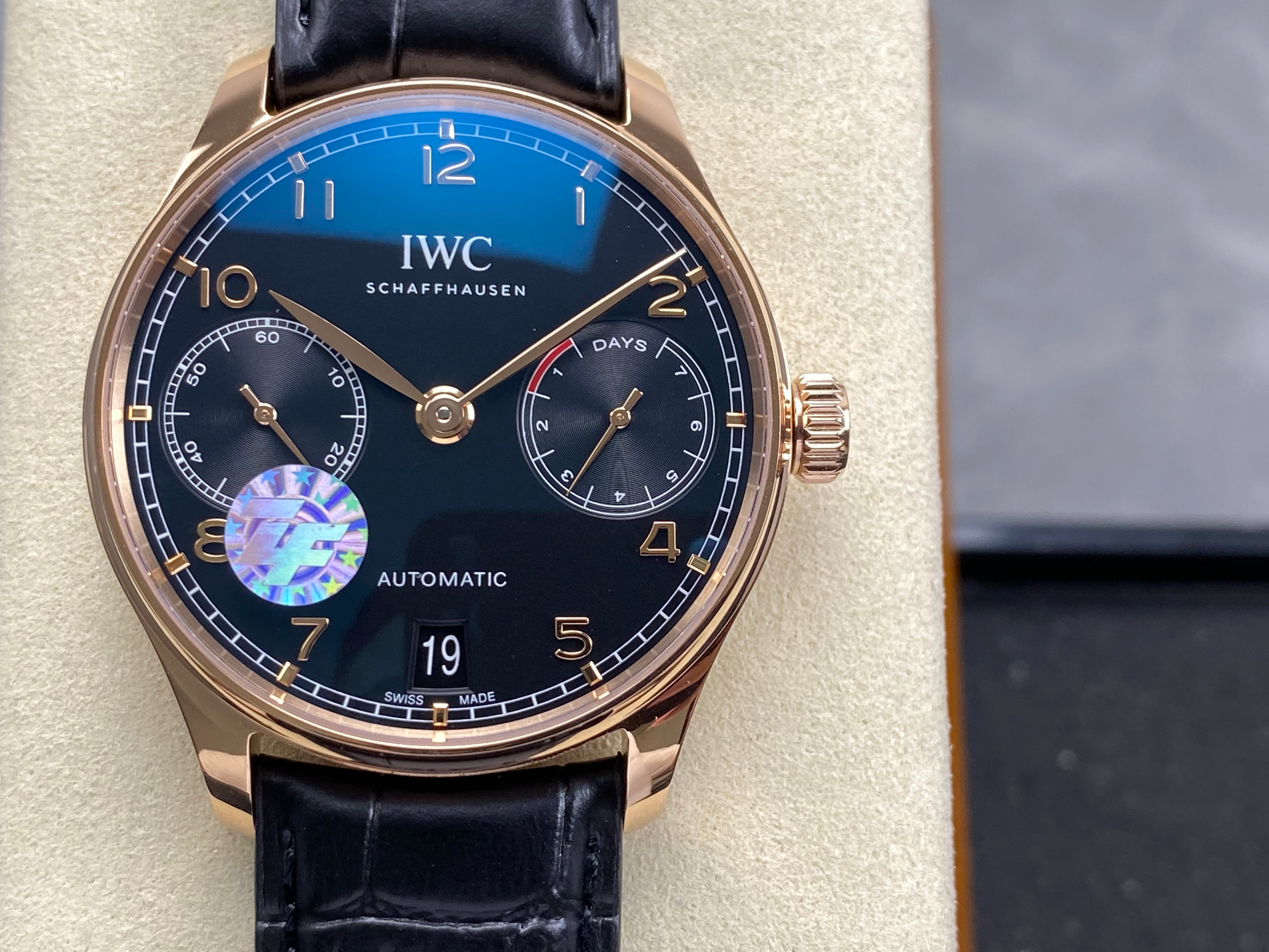 IWC Portuguese 42mm Black Dial Pink Gold Case Leather