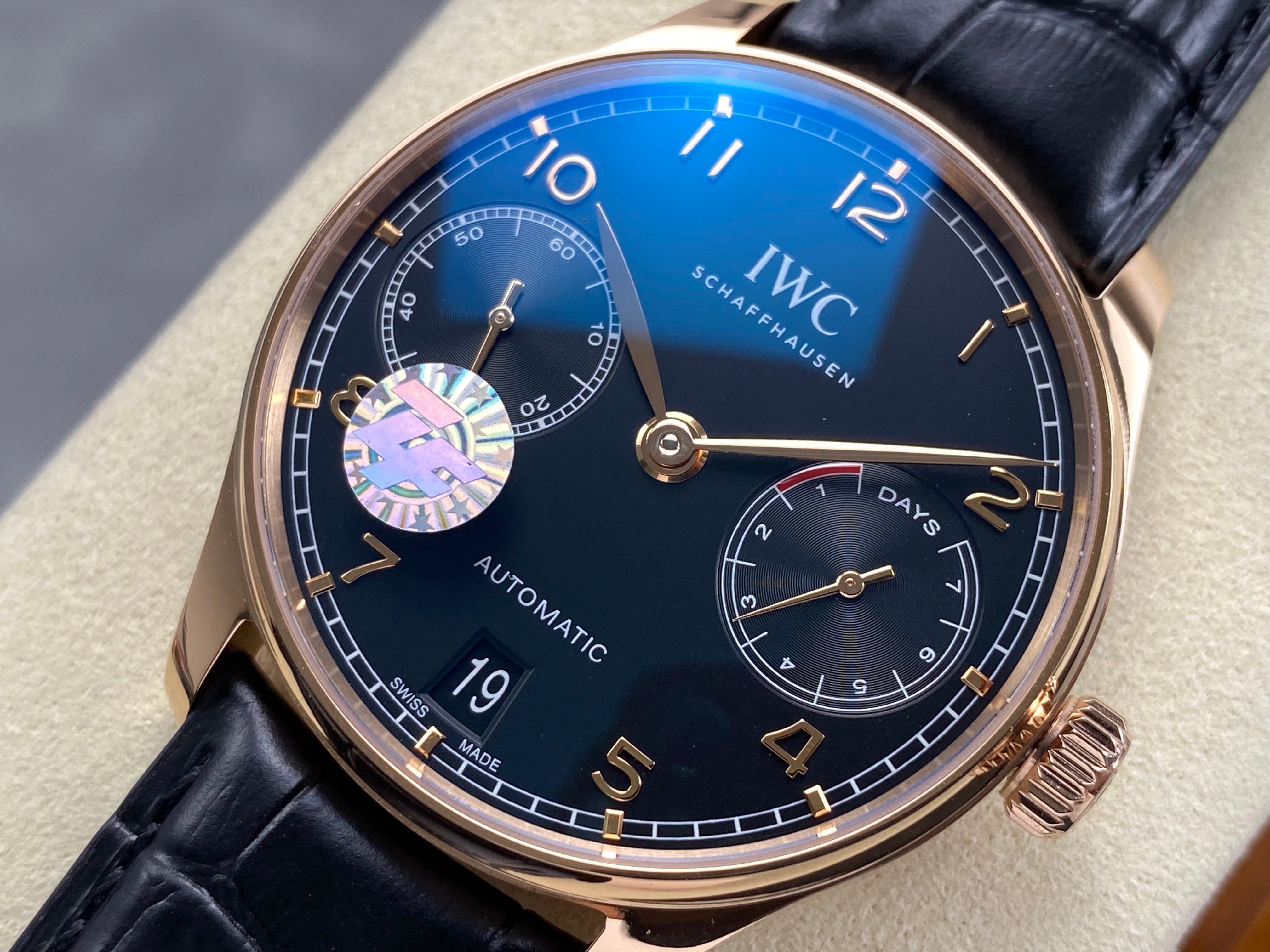 IWC Portuguese 42mm Black Dial Pink Gold Case Leather