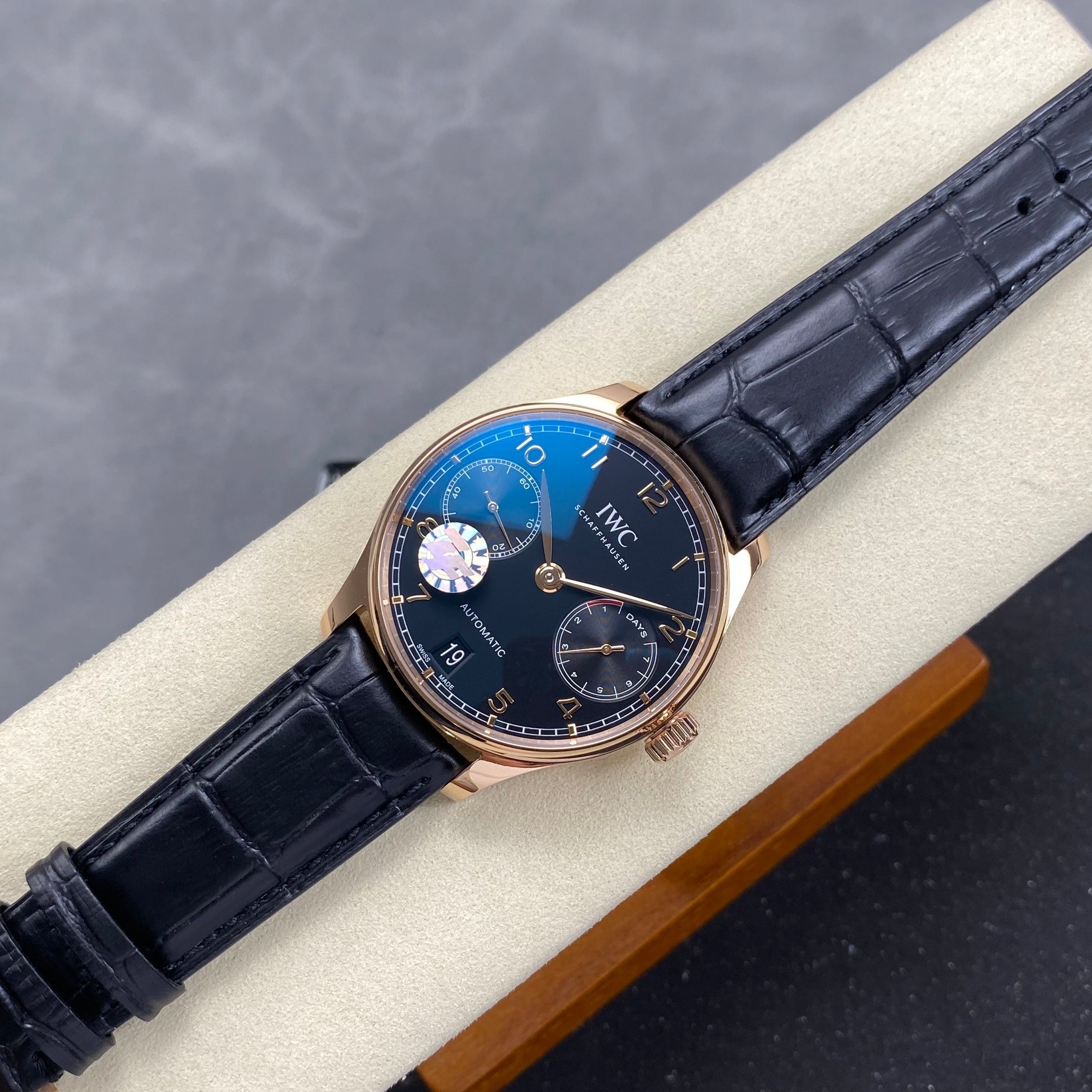 IWC Portuguese 42mm Black Dial Pink Gold Case Leather