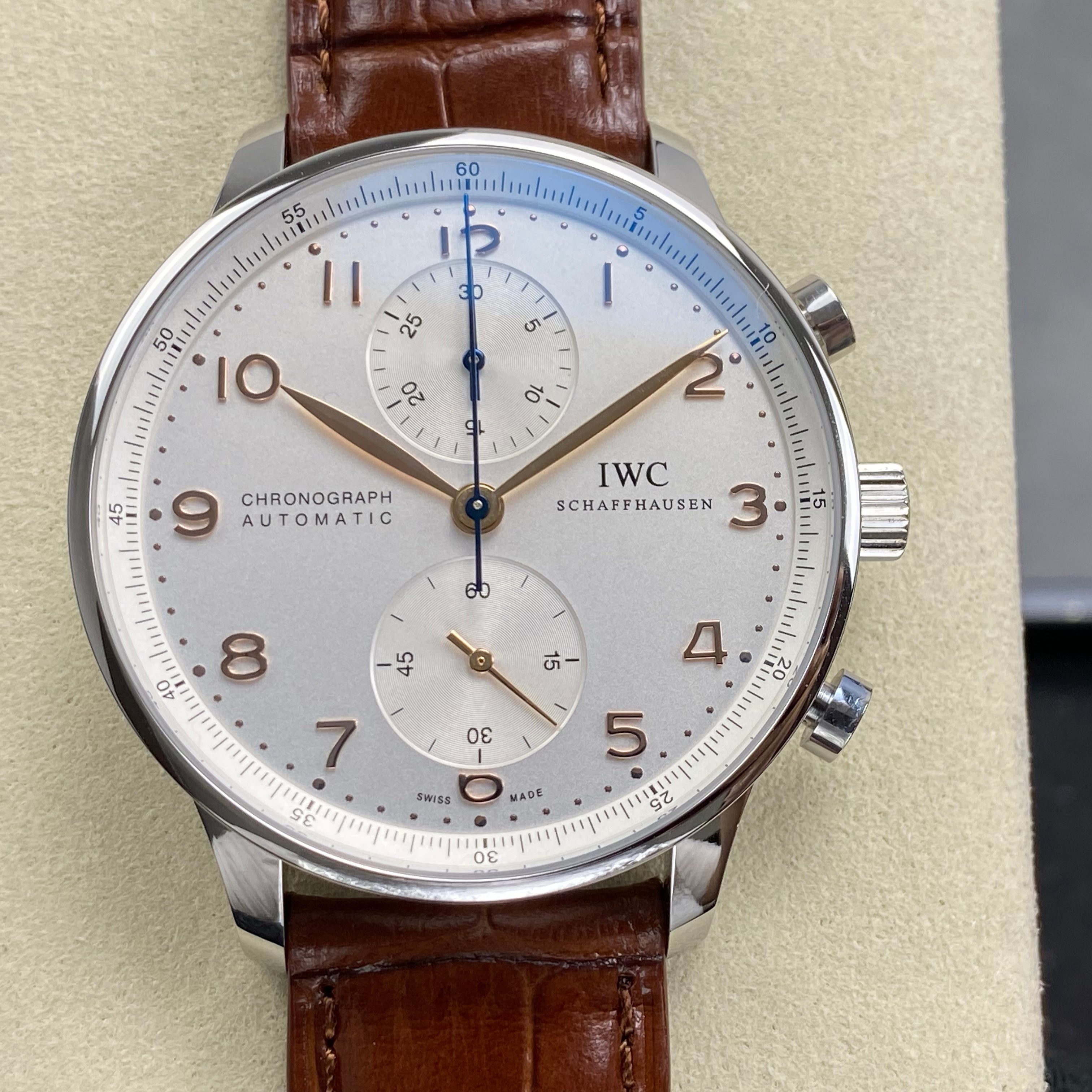 IWC Portuguese Chronograph 41mm White Dial Brown Leather Strap