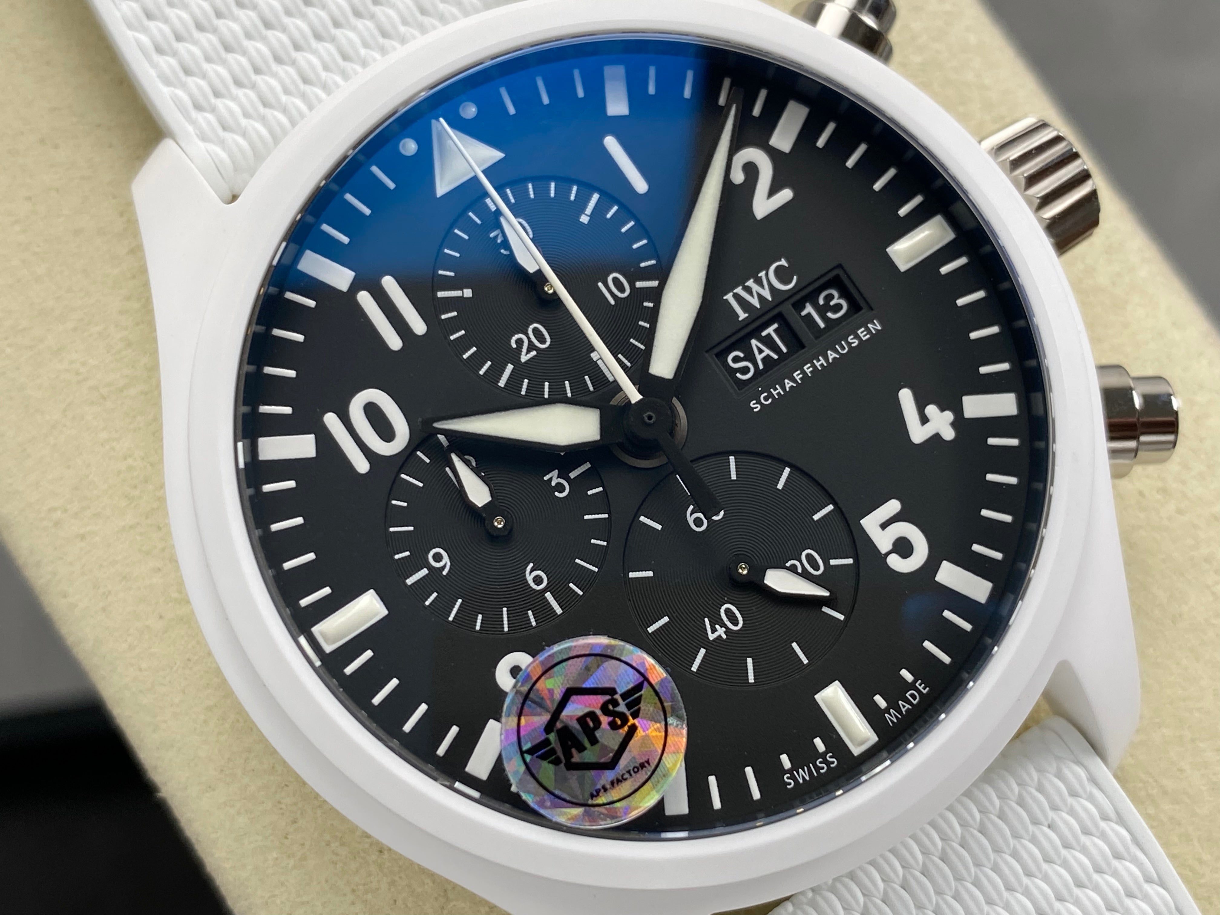 IWC Pilot's Chronograph 45 Black Dial White Steel Case Rubber Strap