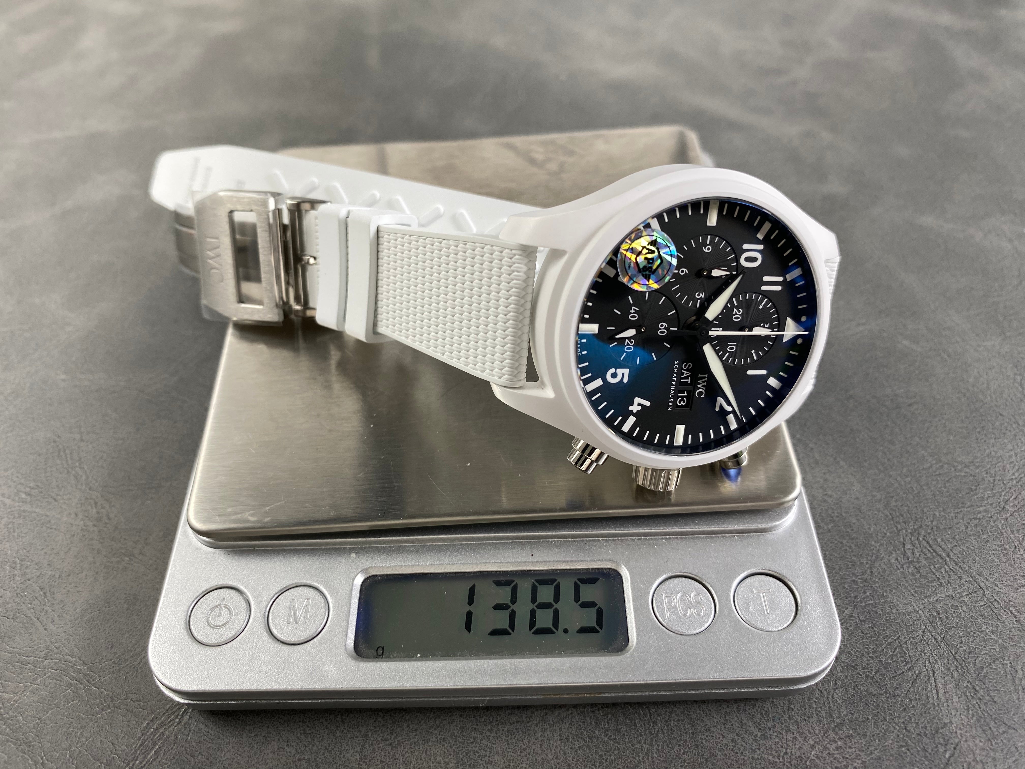 IWC Pilot's Chronograph 45 Black Dial White Steel Case Rubber Strap