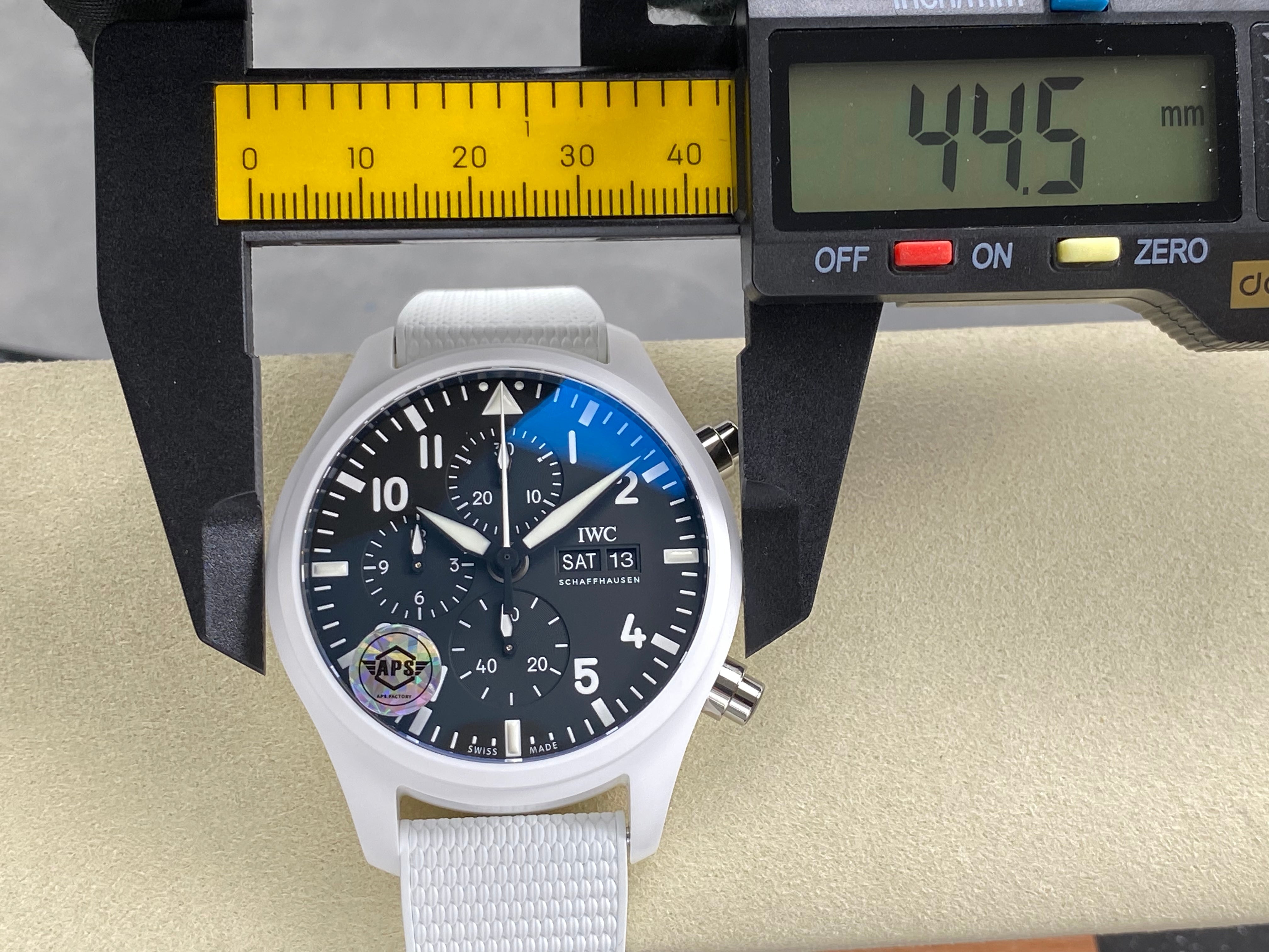 IWC Pilot's Chronograph 45 Black Dial White Steel Case Rubber Strap