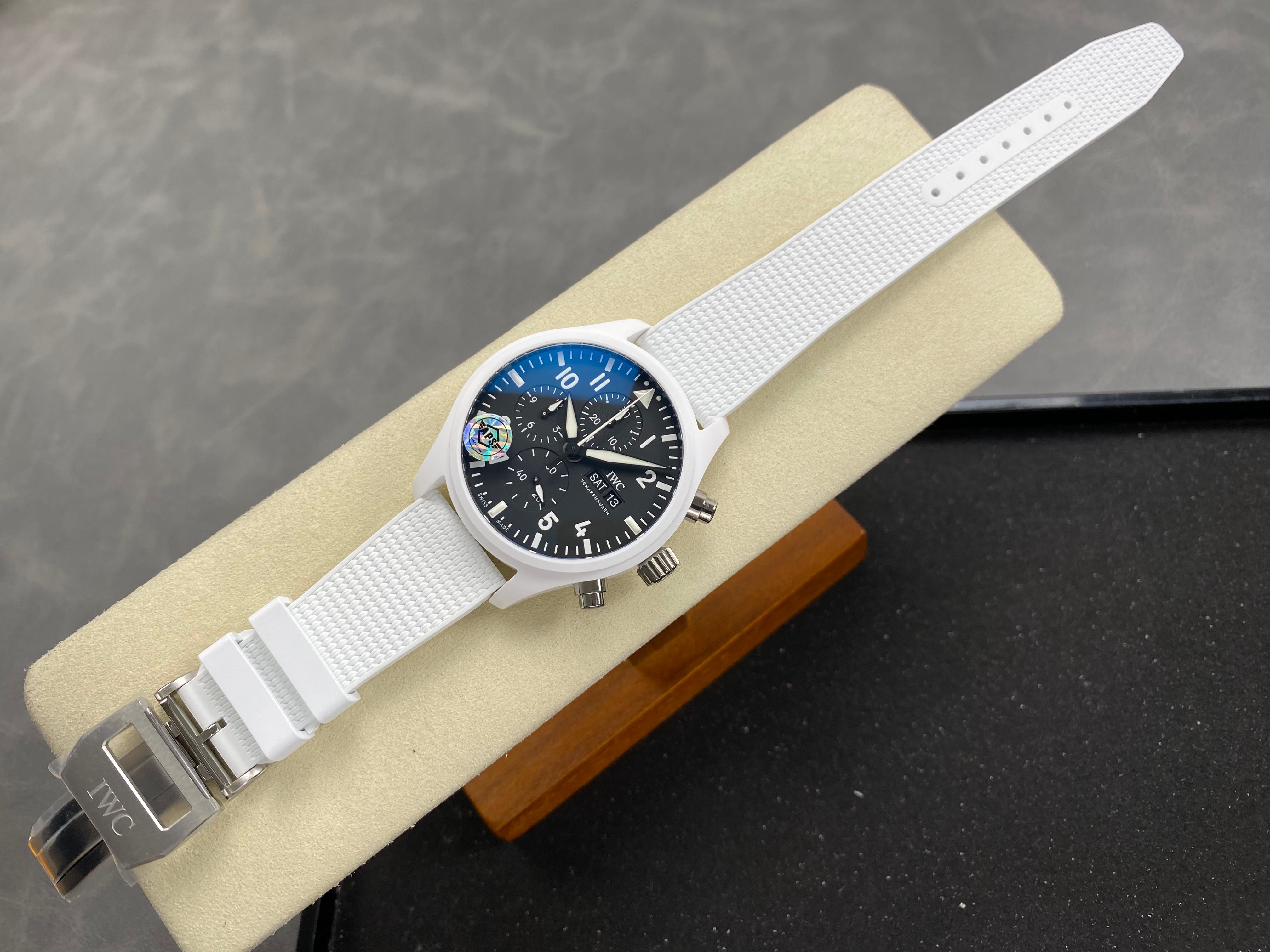 IWC Pilot's Chronograph 45 Black Dial White Steel Case Rubber Strap