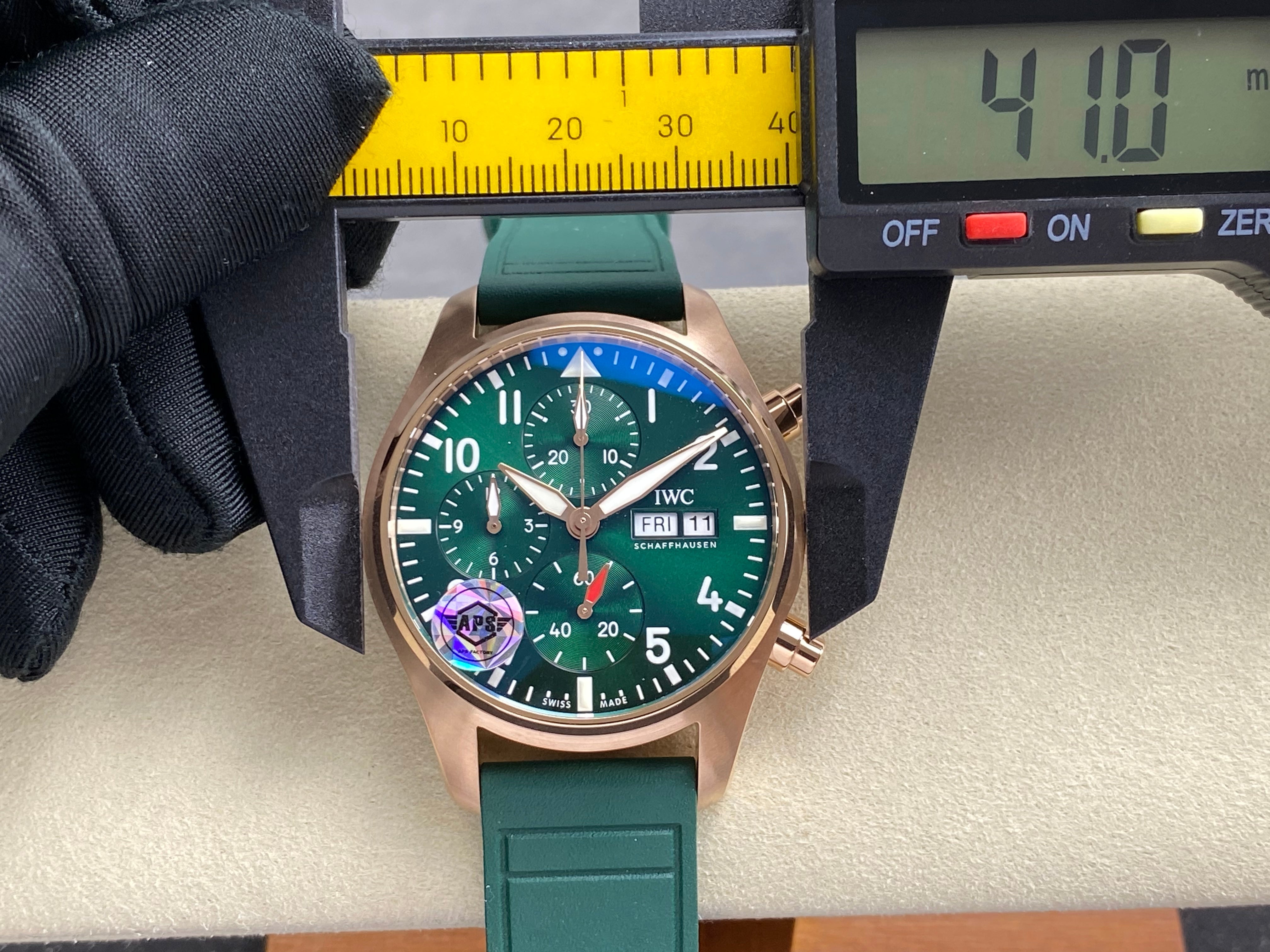 IWC Pilot's Chronograph 41 Pink Gold Case Green Dial Rubber  Strap