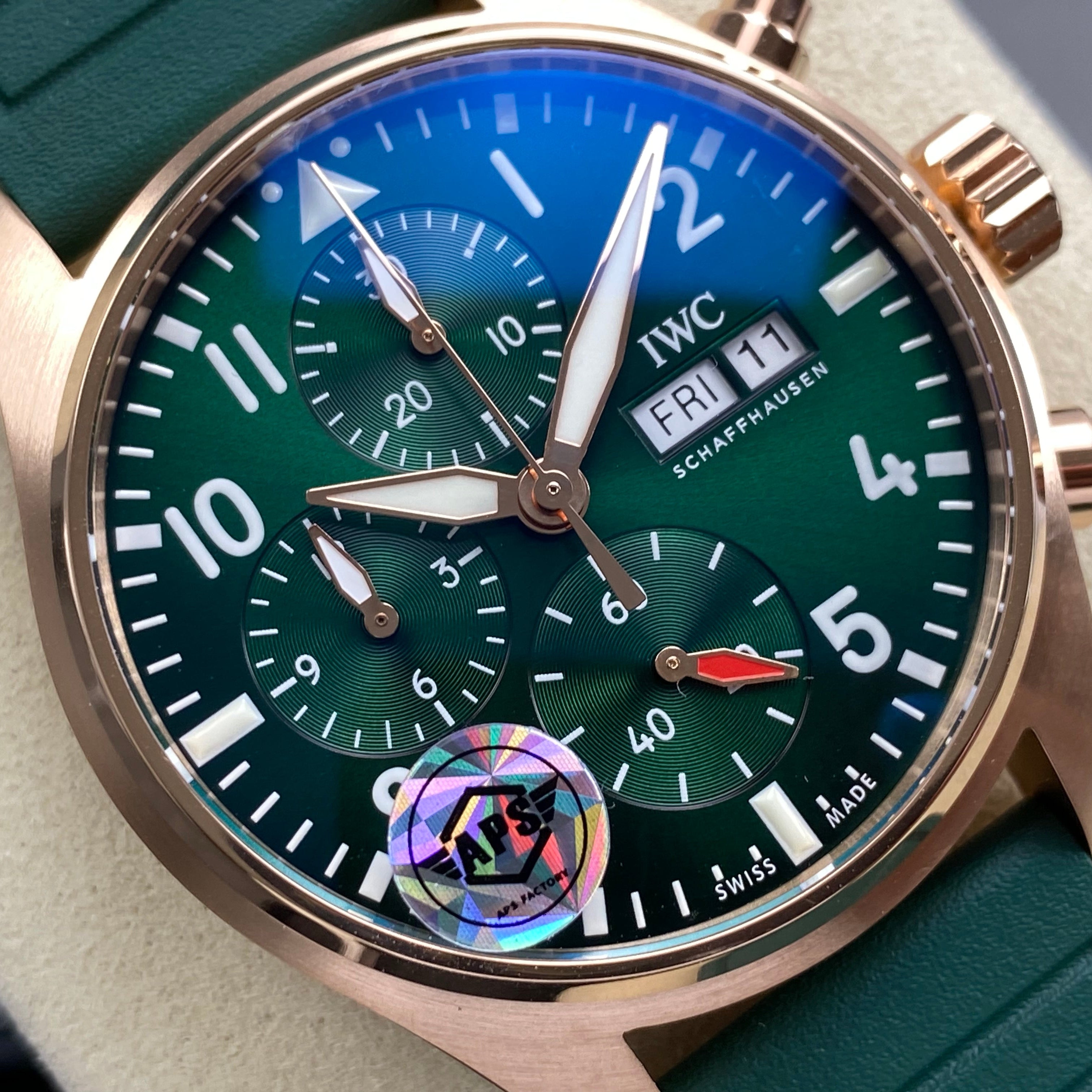 IWC Pilot's Chronograph 41 Pink Gold Case Green Dial Rubber  Strap