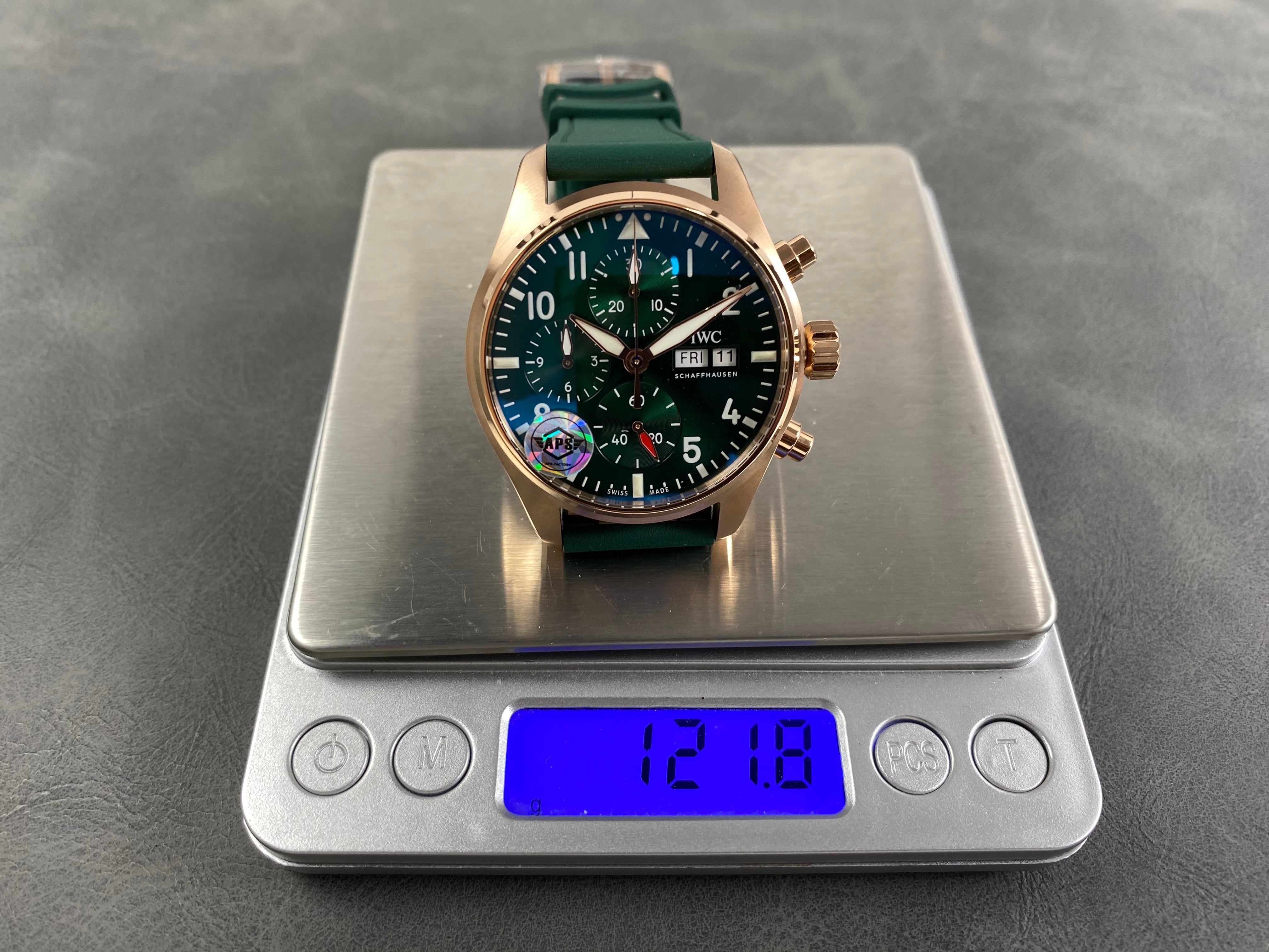 IWC Pilot's Chronograph 41 Pink Gold Case Green Dial Rubber  Strap