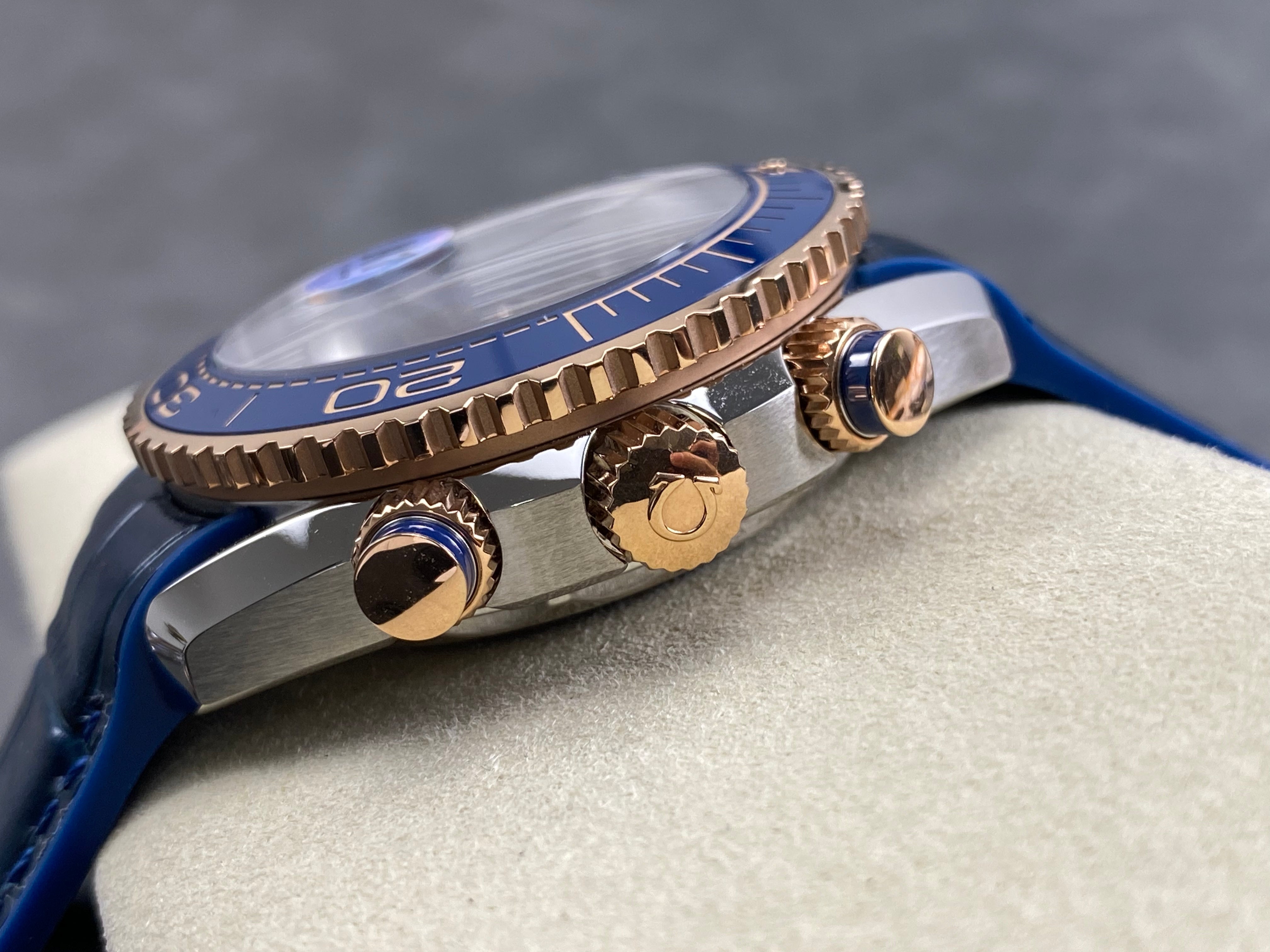 Omega Seamaster 46mm Blue Dial Pink Gold Case Blue Leather