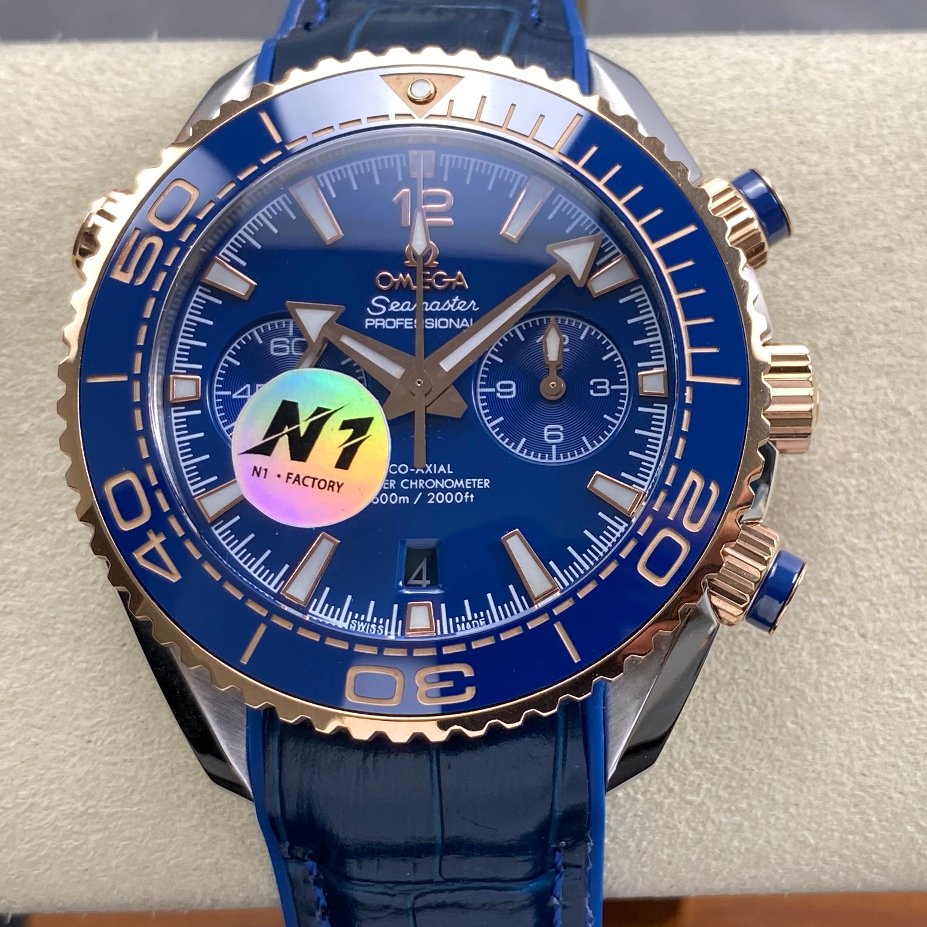 Omega Seamaster 46mm Blue Dial Pink Gold Case Blue Leather