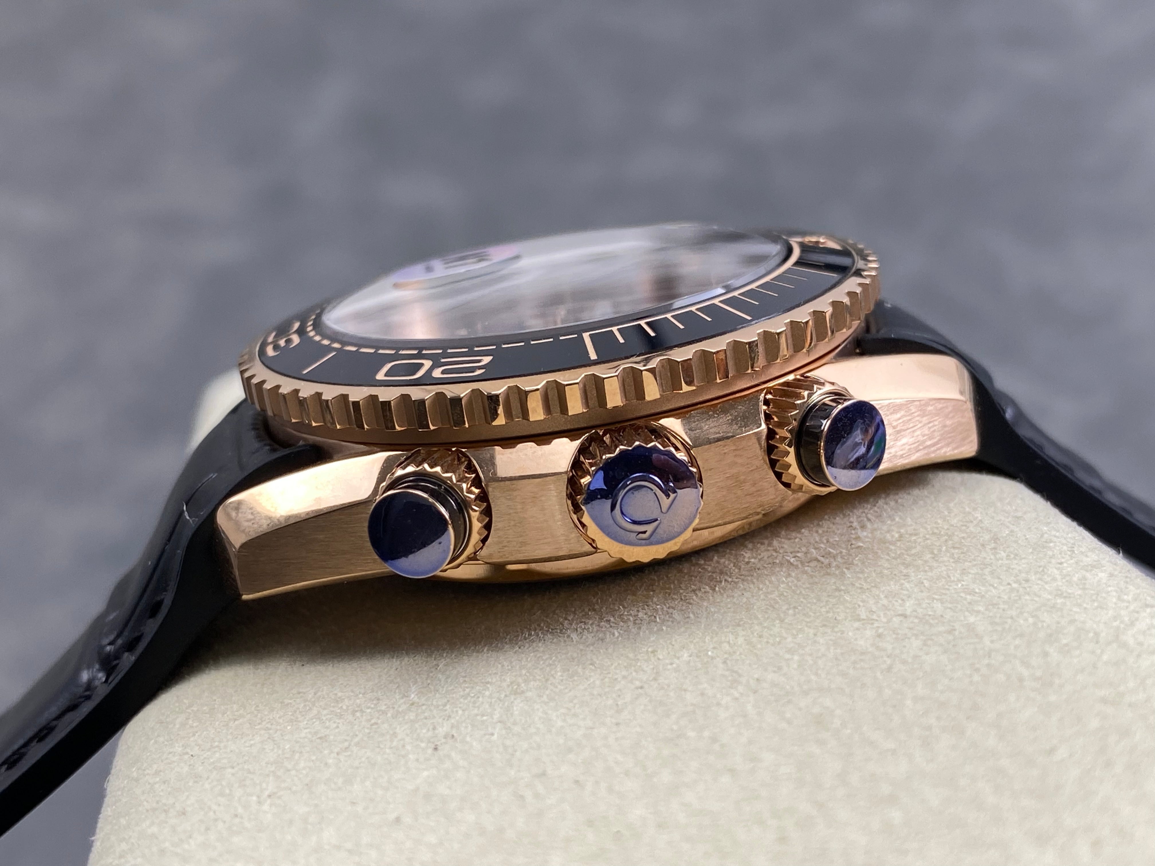 Omega Seamaster 46mm Black Dial Pink Gold Case Leather
