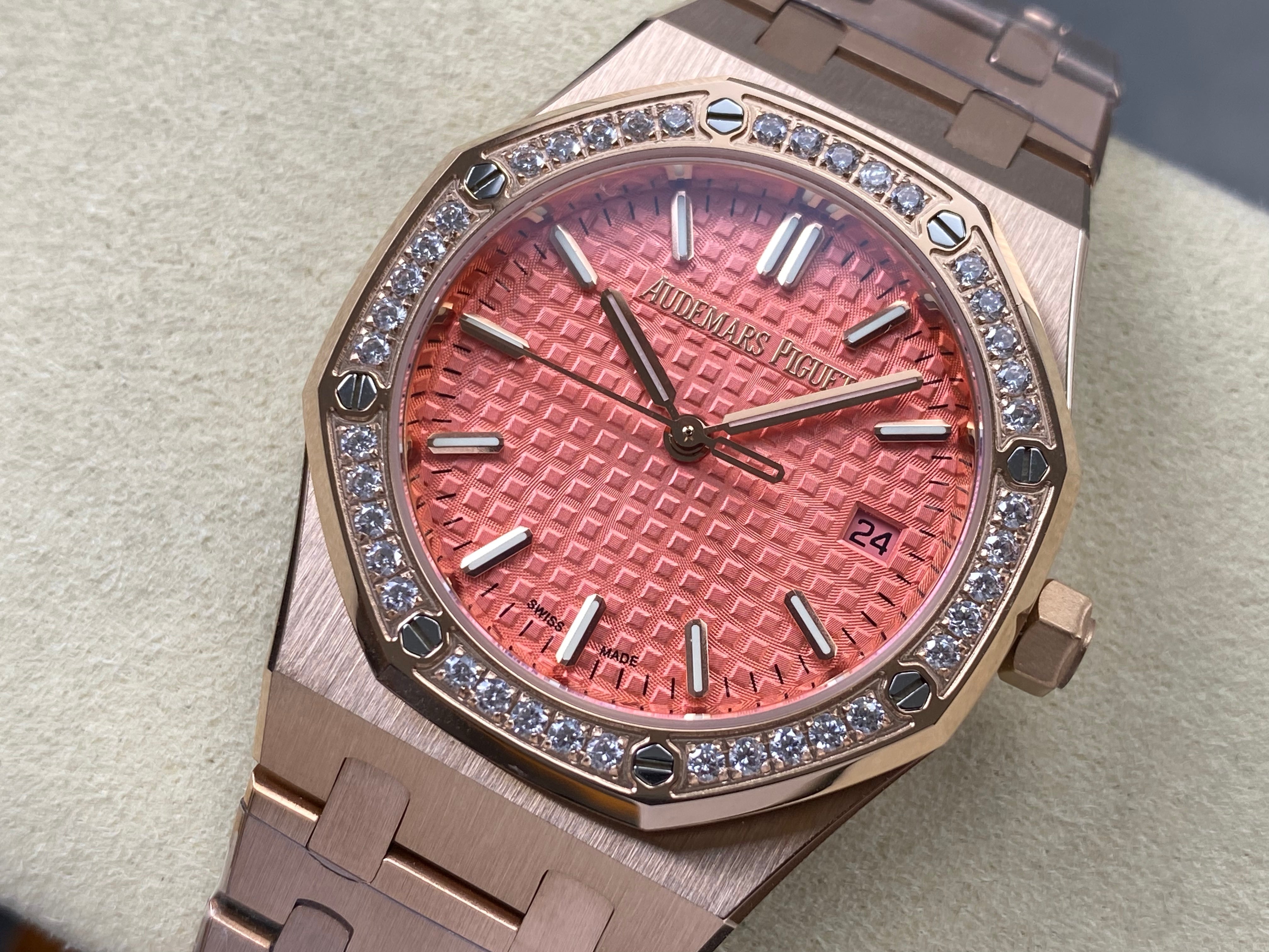 Audemars Piguet Royal Oak 37mm Rose Gold Pink Dial Diamond Bezel