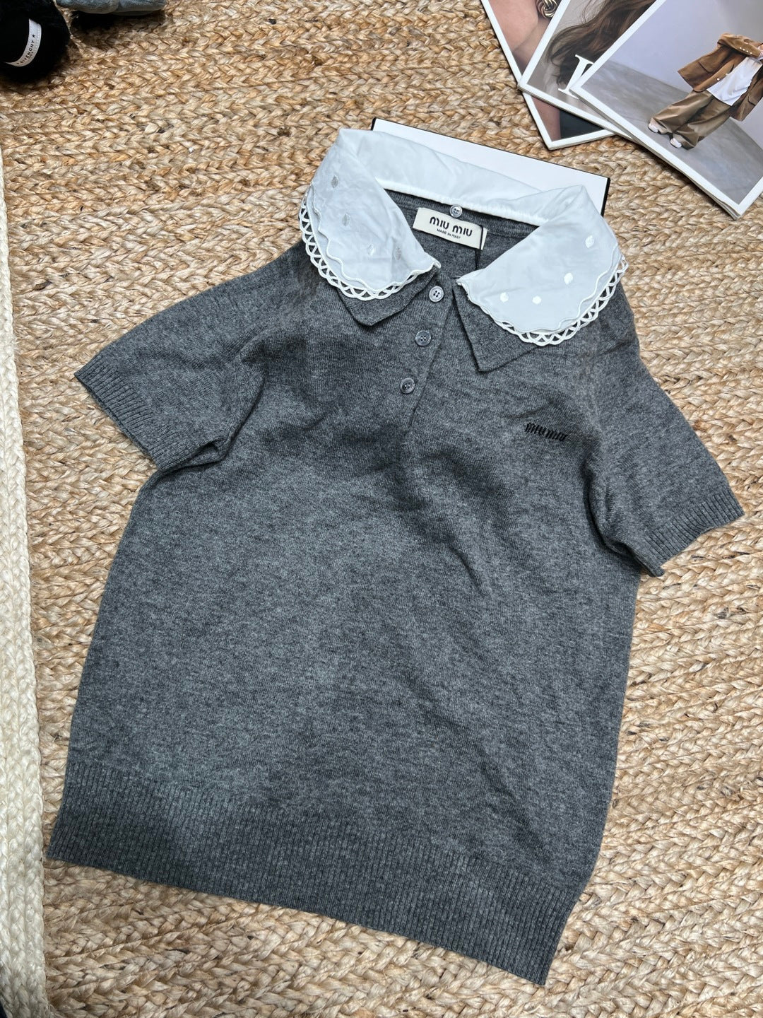 Miumiu 2026 Embroidered Poplin Collar Polo Gray Wool