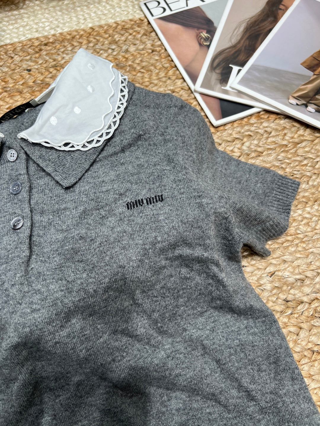Miumiu 2026 Embroidered Poplin Collar Polo Gray Wool