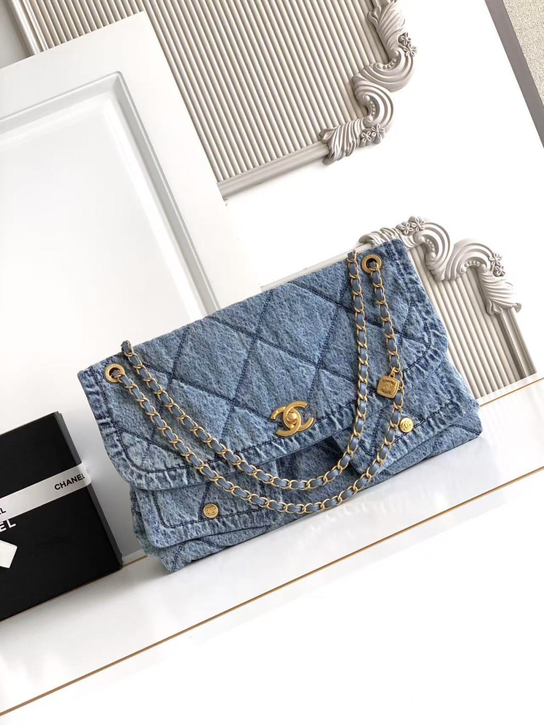 Chanel 2026 Classic Flap Bag 45cm Blue Denim Fabric Gold Hardware