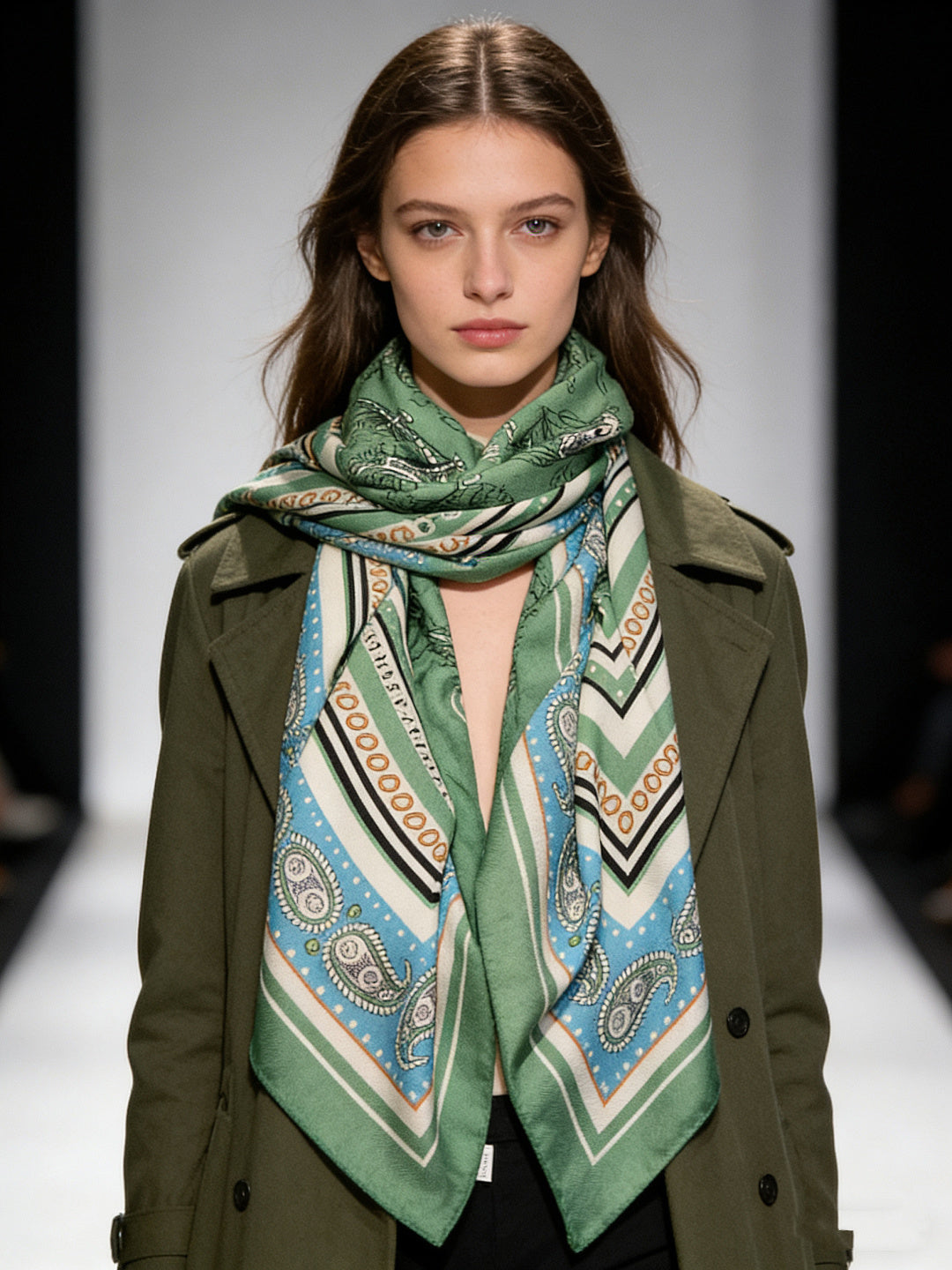 HM 25s Sailor Tattoo Scarf 140cm Green Beige Cashmere Silk 967417