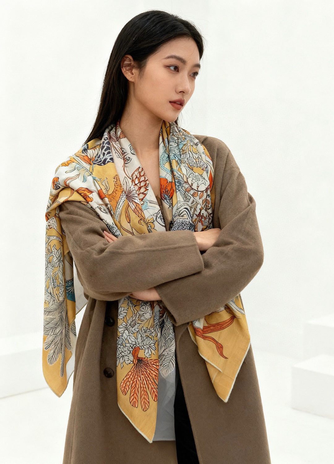 HM 25s Rainbow Scarf 140cm Yellow Colorful Cashmere Silk 970925