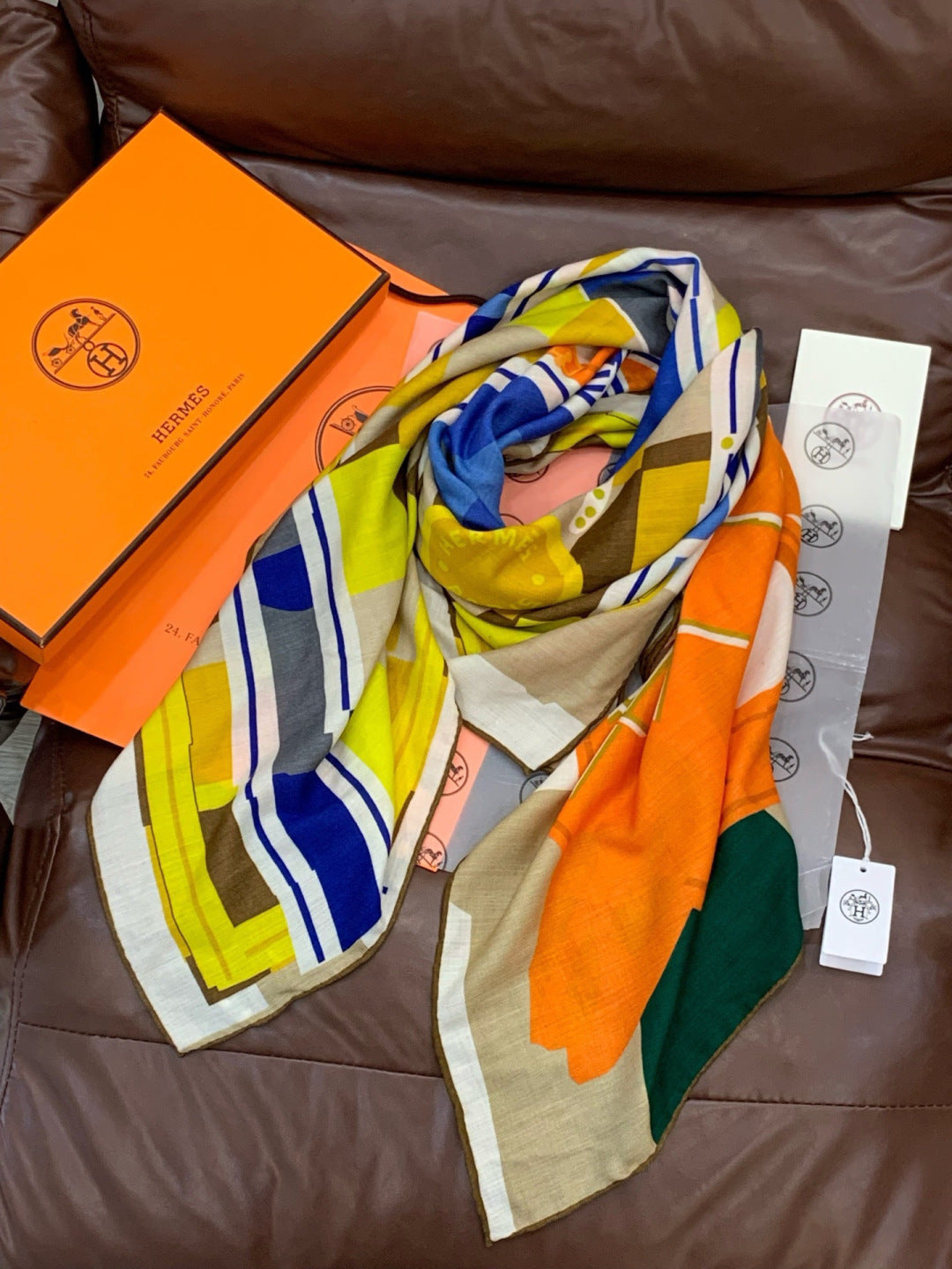 HM 25s Checkered Horse Scarf 140cm Orange Yellow Cashmere Silk 970932