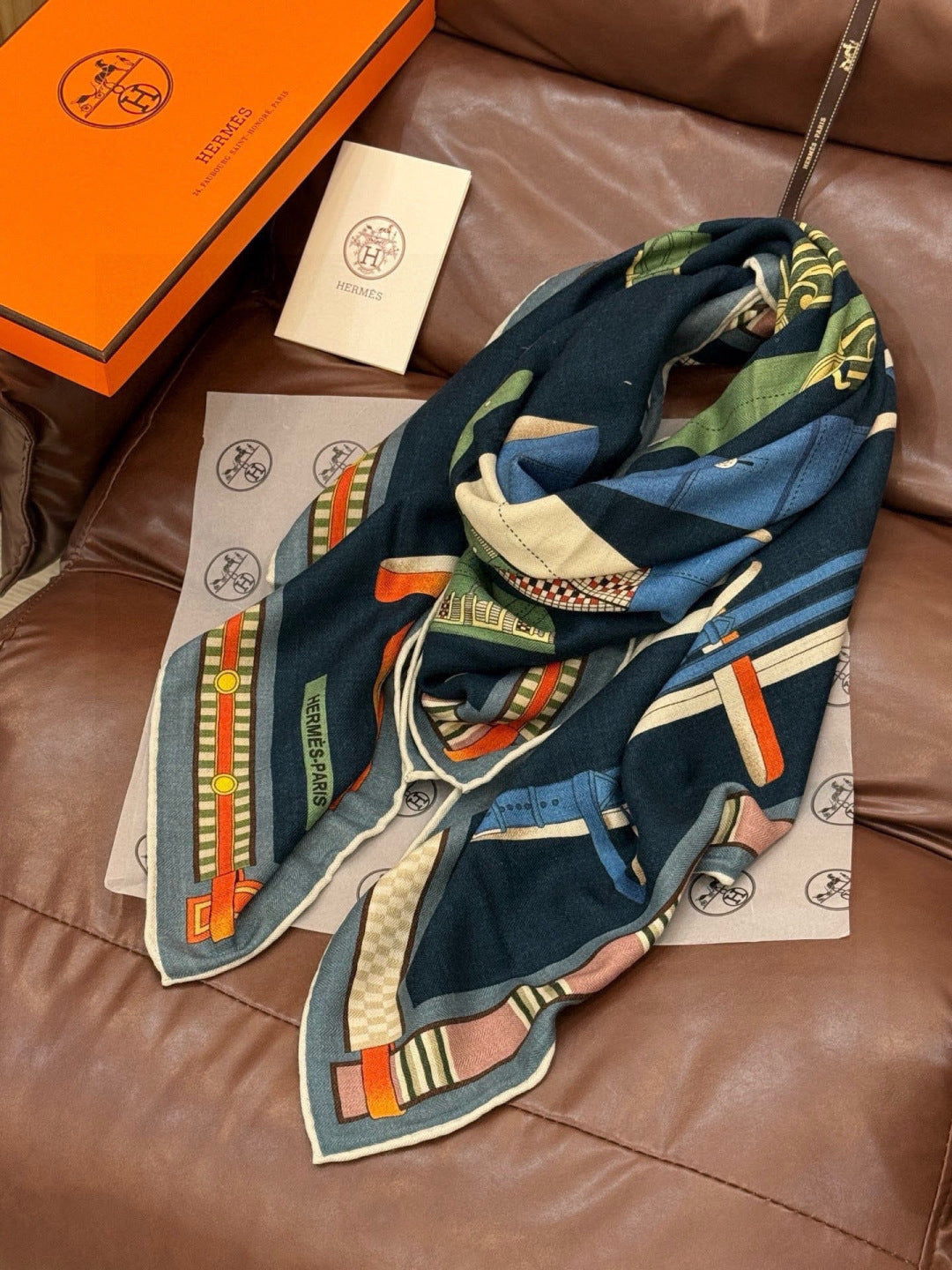 HM 25s Equestrianism Scarf 140cm Navy Blue Cashmere Silk 970961