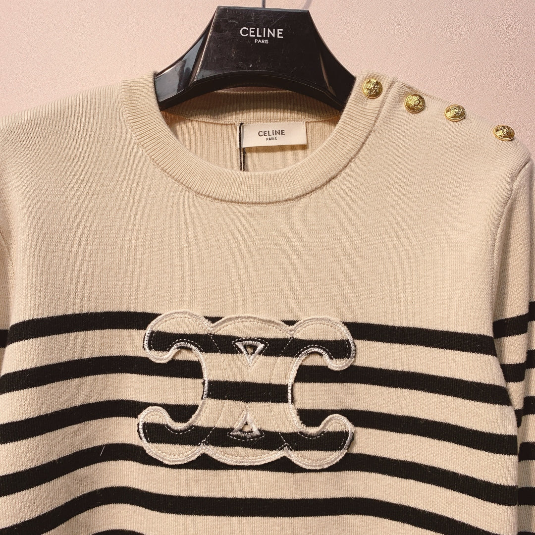 Celine 25 Striped Sweater Cream Black Wool 293418